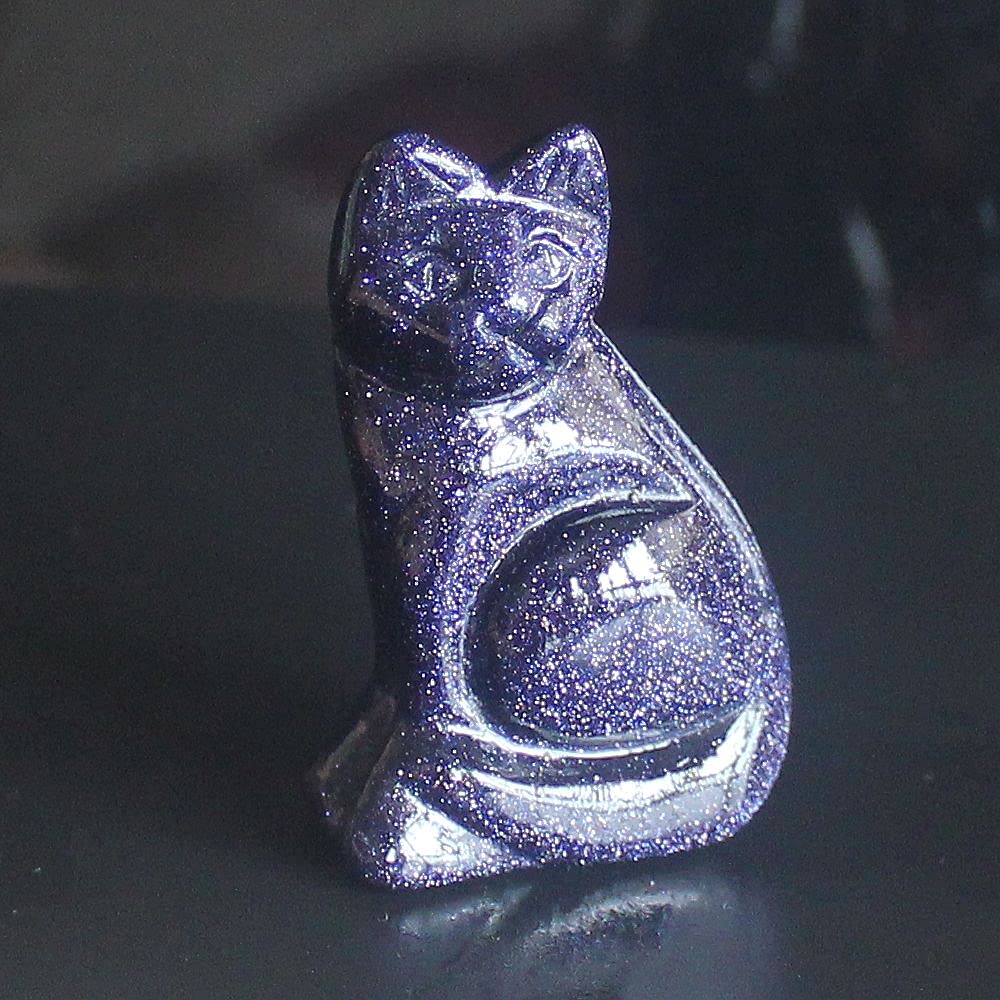 2‘’ Hand Carved Mixed Gemstone Crystal cat Figurine Animal Statue Carving Home Decor (Blue Goldstone)