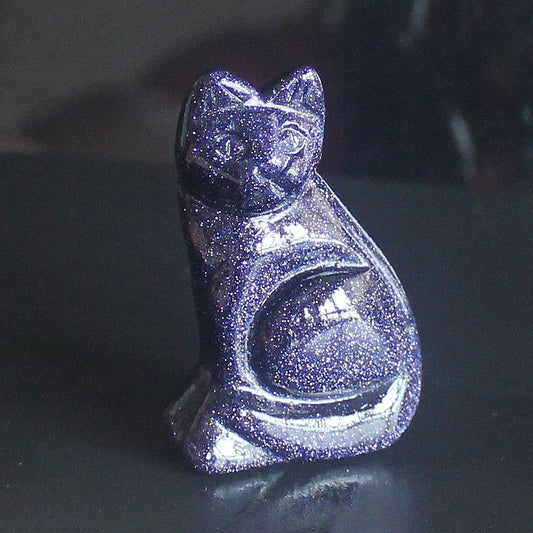 2‘’ Hand Carved Mixed Gemstone Crystal cat Figurine Animal Statue Carving Home Decor (Blue Goldstone)