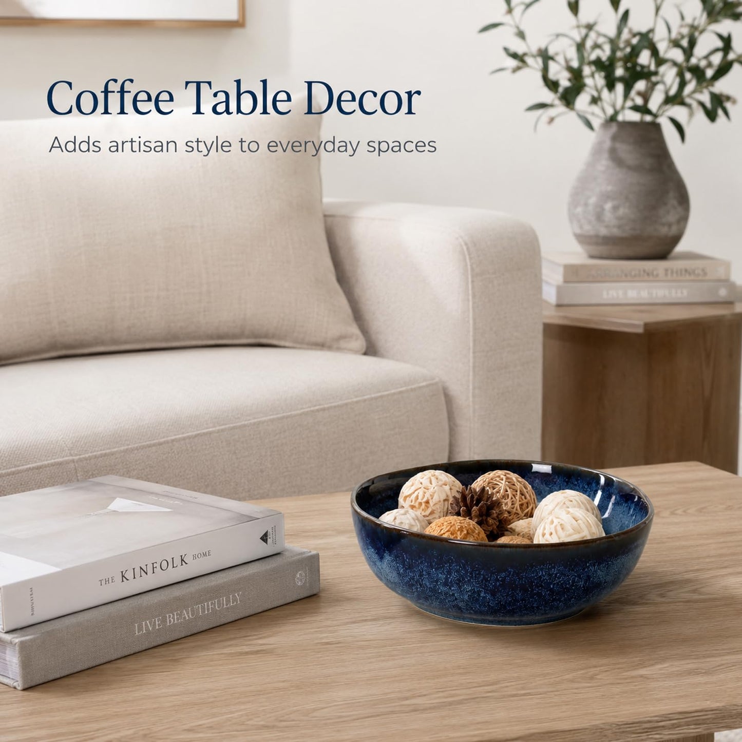 XIYOUQI Blue Ceramic Bowl, 7.5in Decorative Serving Bowl for Coffee Table Decor