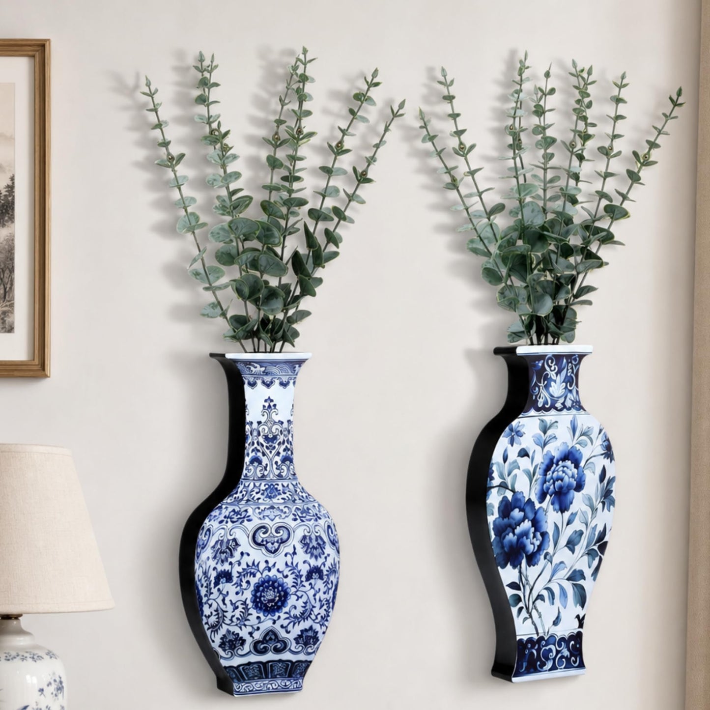 Blulu 2 Pack Wooden Wall Vase Set with Faux Eucalyptus Plants Blue and White Wooden Chinoiserie Wall Vase Modern Farmhouse Art Decor Hanging Planters for Home Office Tabletop