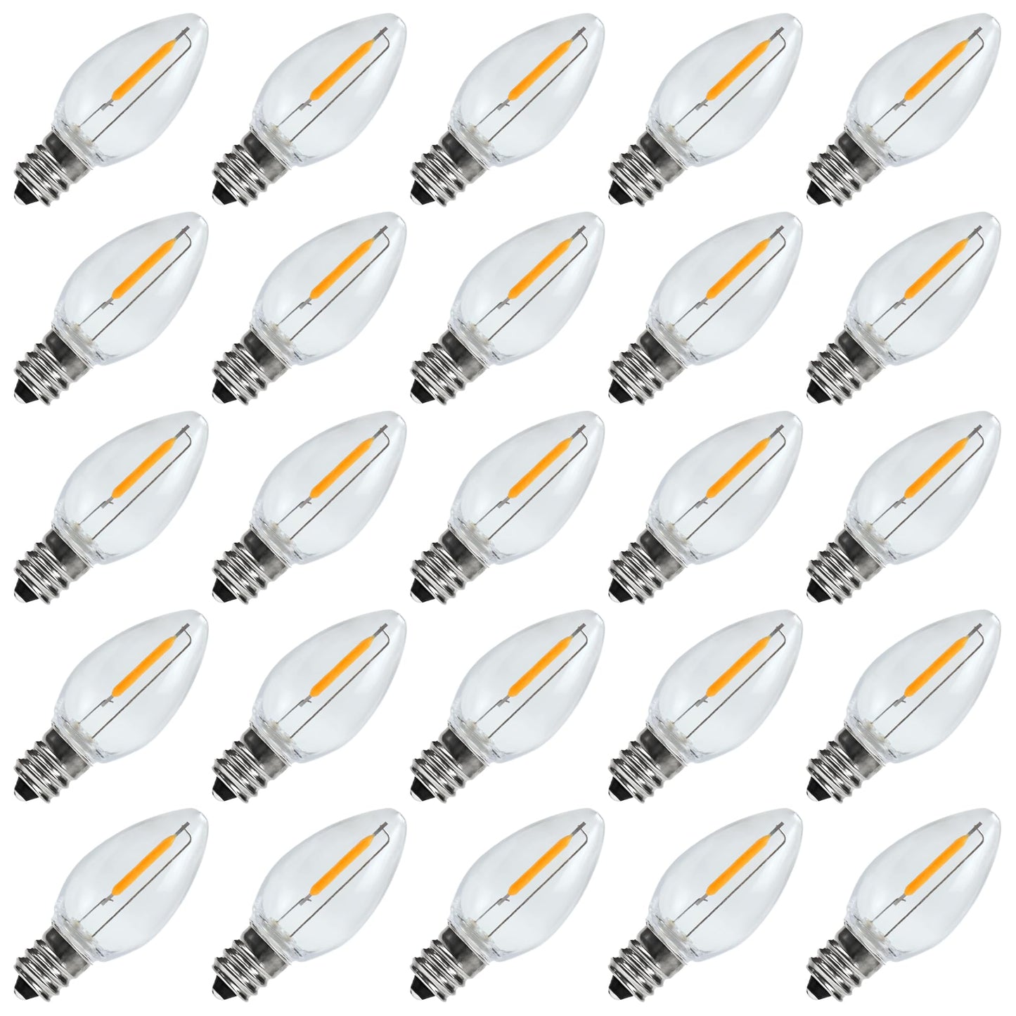 Erxiugs 25 Pack LED Night Light Bulbs, C7 Shatterproof Replacement Led Light Bulb for String Light, E12 Base Salt Lamp Bulbs, 0.6W Equivalent to 7W, Warm White 2200K, 50LM