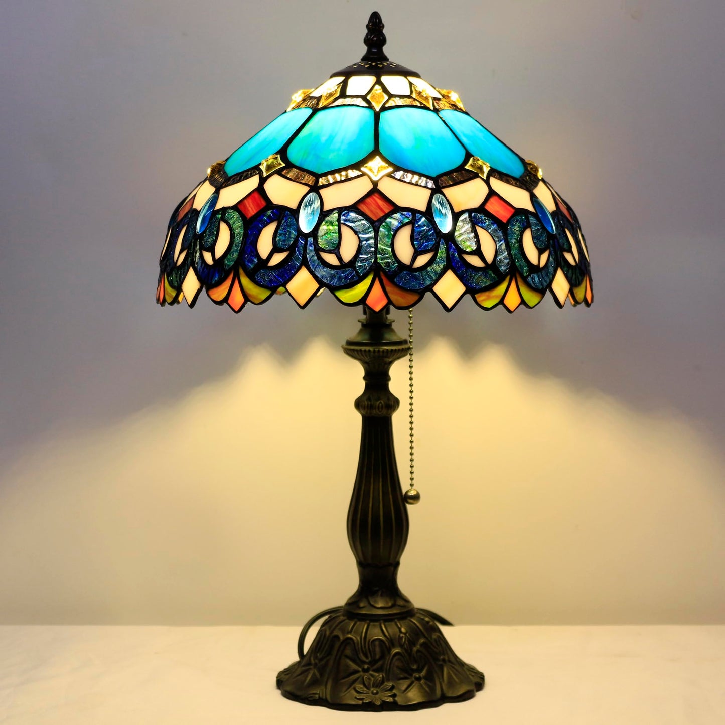 ZJART Tiffany Table Lamp Stained Glass 12X12X19 Inch Blue Jewelry Baroque