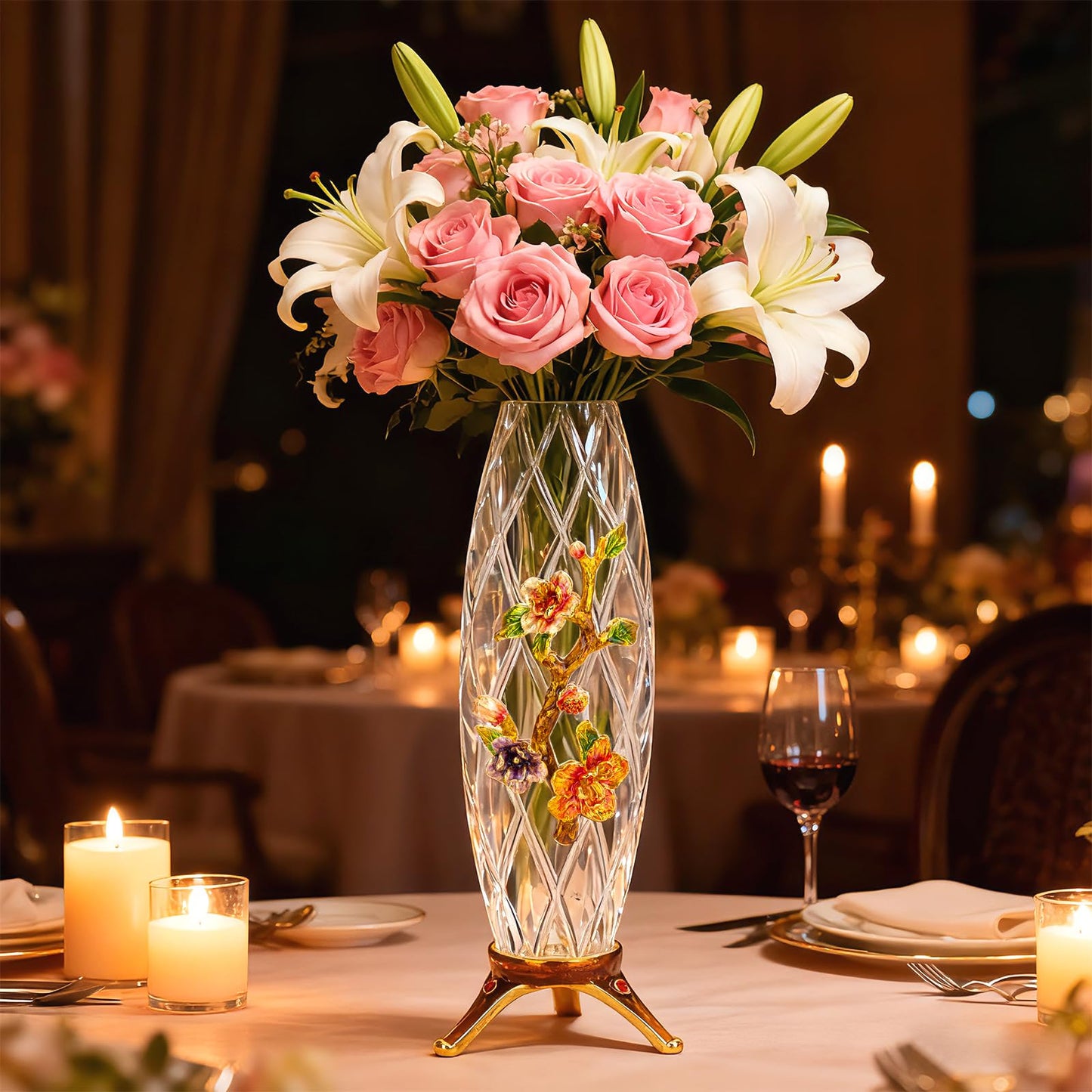 Handcrafted Enamel Crystal Glass Vase | 10-Inch Decorative Begonia Flower Vase for Home, Wedding, and Gift
