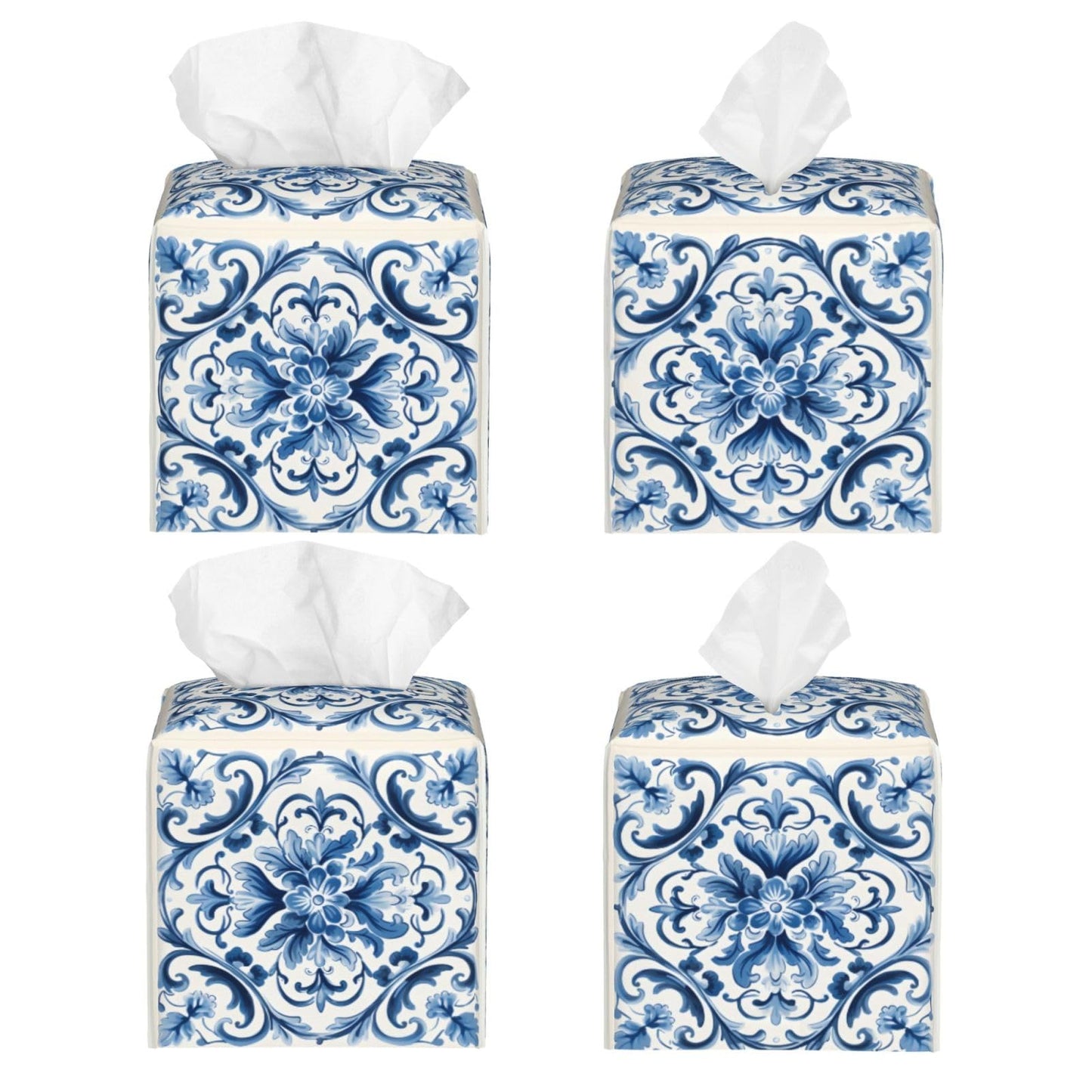 YPPAHHHH Square Tissue Box Cover Blue Boho Flower Retro Ceramic Cube Tissue Holder Cover Pu Leather Tissue Box Holder for Office Kitchen Car Bathroom Facial Paper Organizer Dispenser Covers