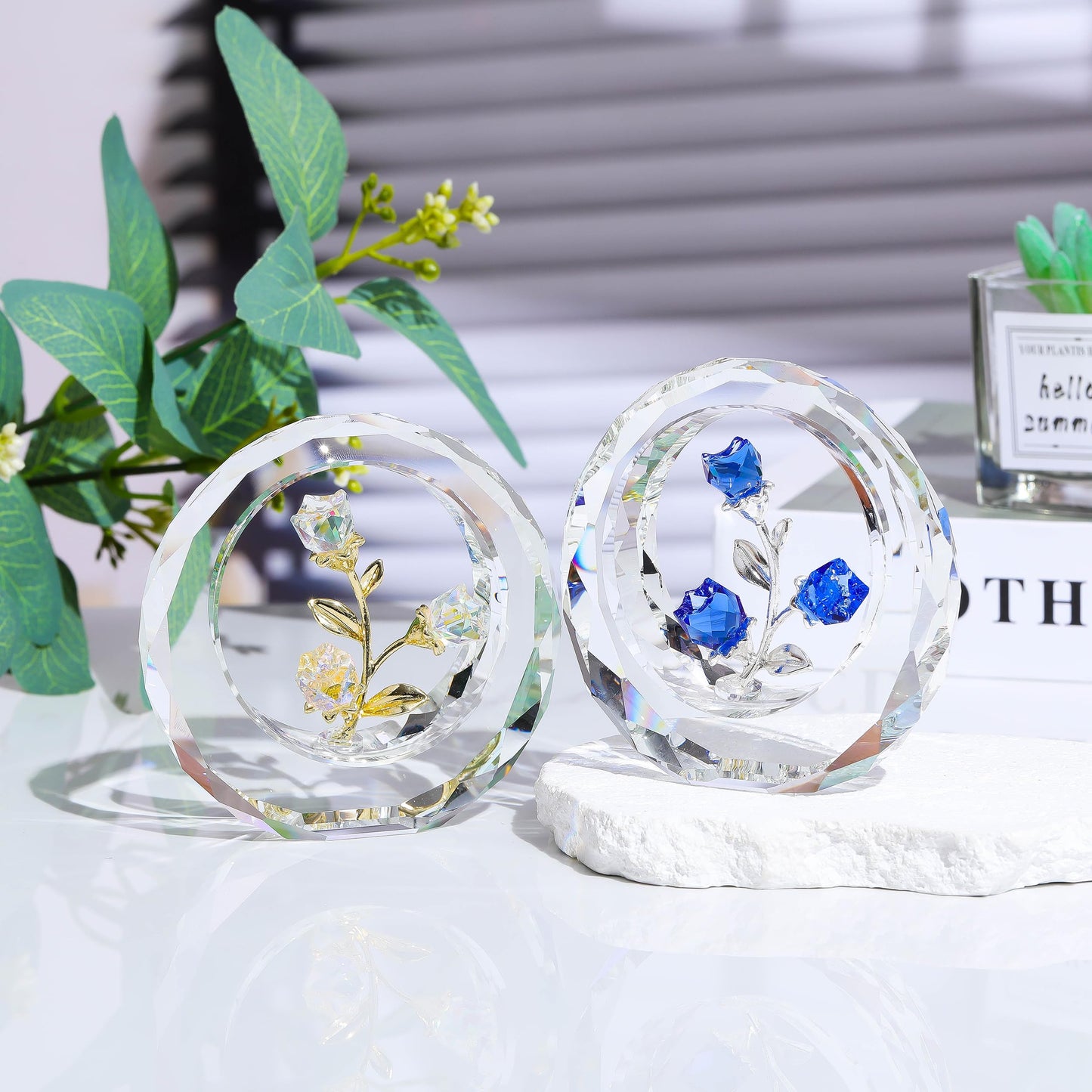 Blue Rose Flower Crystal Figurine with Vase - Bouquet Flowers Ornament Gifts for Wife Girlfriend Women - Handmade Crystal Flower Collectible Home Table Decor for Valentine's Day Wedding Anniversary