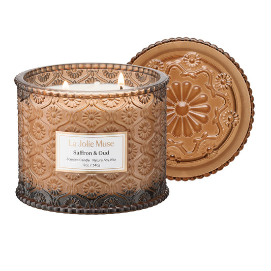 LA JOLIE MUSE Saffron & Oud Candle - Incense, Oud, Red Saffron | 12 oz Large 2-Wick Soy Wax Candle | 60 Hours Clean Burn | Gift-Ready for Hosts & Gatherings | Elegant Home Décor