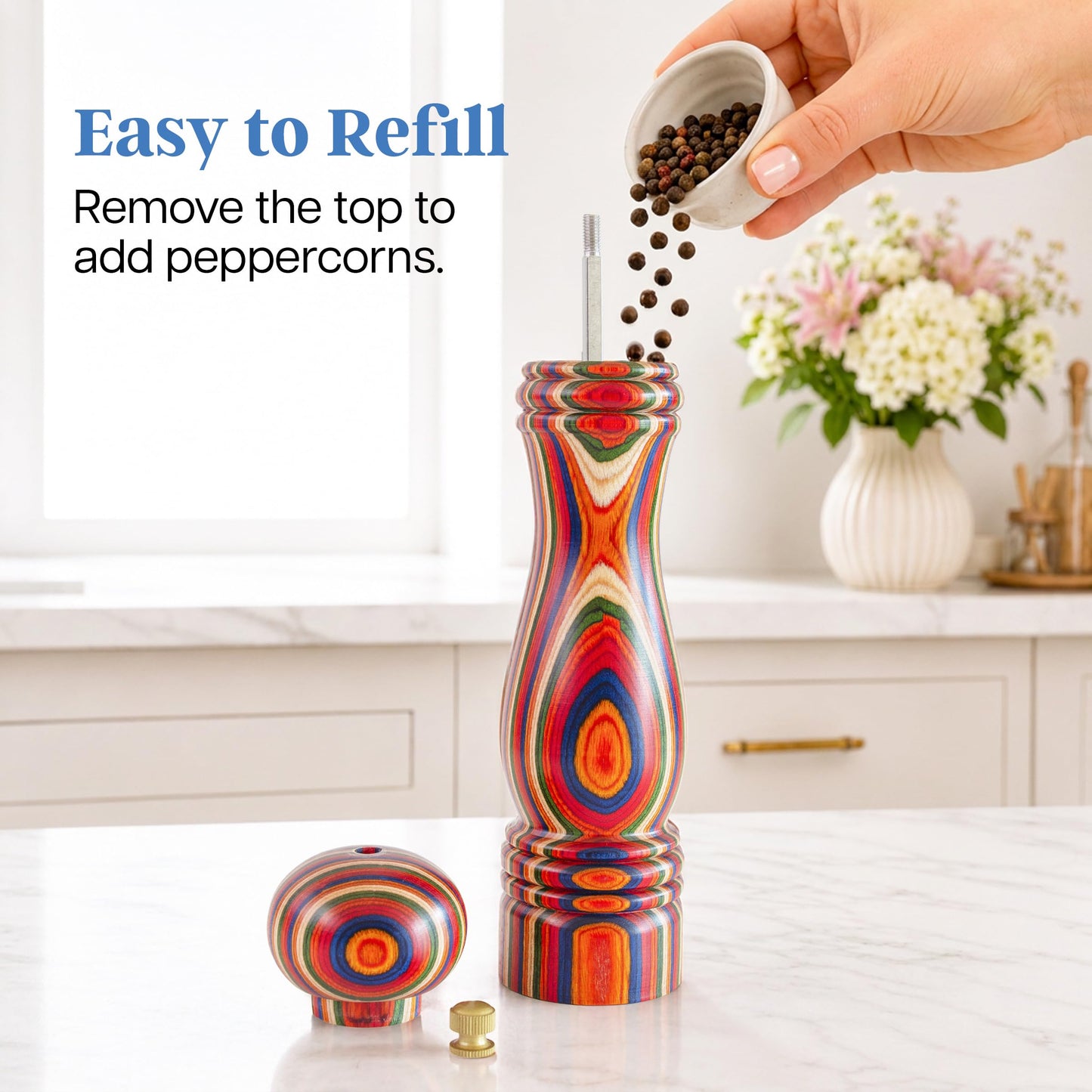 Baltique Marrakesh Wooden Pepper Grinder, Colorful Wood Pepper Mill with Adjustable Stainless Steel Grinding Mechanism, Refillable Manual Mill for Kitchen and Table Use, 8-Inch