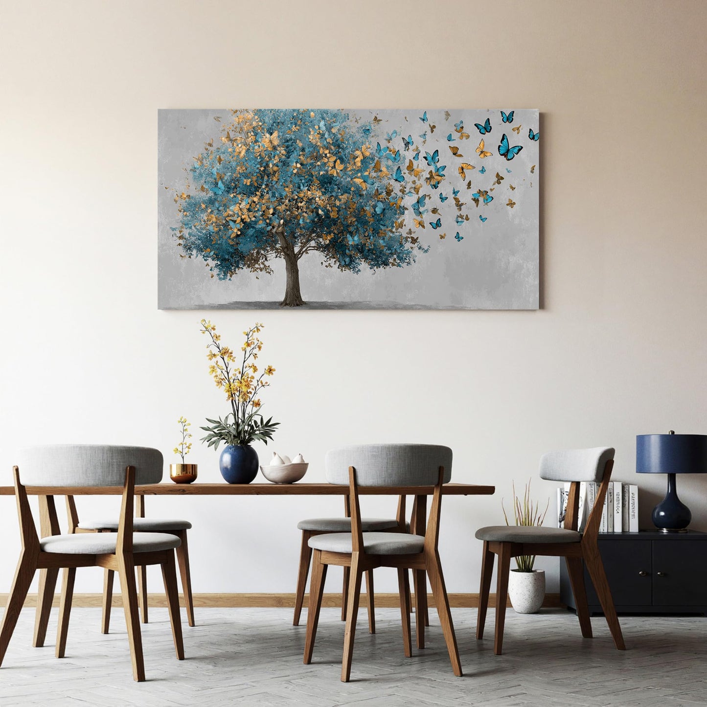 YISXINOAG Canvas Art Wall Decor Modern Wall Art Tree of Life Wall Art Blue Tree Paintings Gold Butterfly Modern Landscape Painting Canvas Artwork Pictures for Bathroom,Dining Room Size 20"X40"