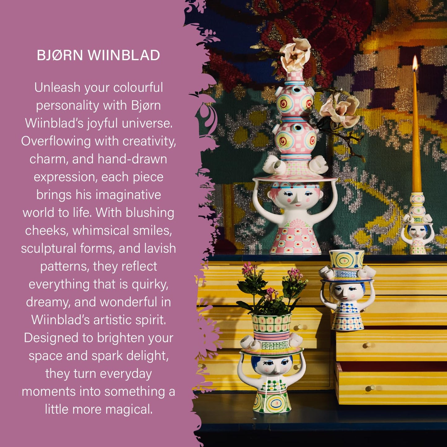 Bjørn Wiinblad Lady with Hat Vase | Hand-Painted Glazed Ceramic | Pink Yellow | 8.1 in