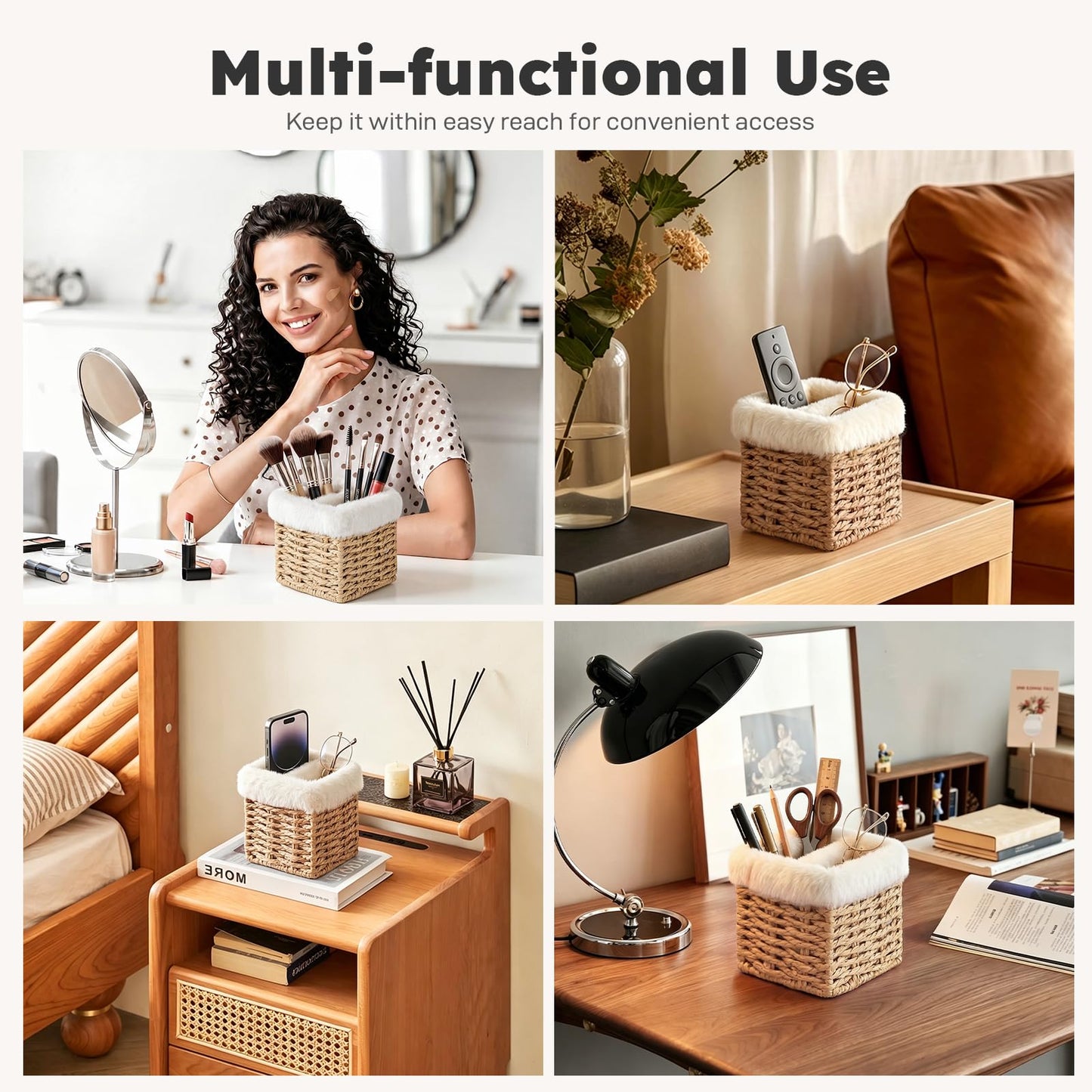 OPULANE Glasses Holder, Paper Rope Plush Lined Eyeglass Holder Stand 2 slots Eye-glasses Storage Organizer Case for Nightstand, Office Desk, Table, Bedside, Dresser and More, Beige