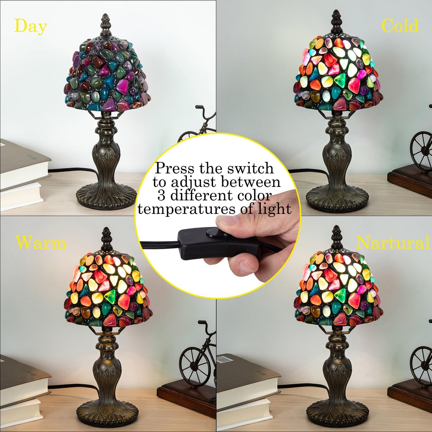 Nizrsky Small Tiffany Table Lamp, 3 Color-Temperature Agate Amber Stained Glass Lamp,6 Inch Tiffany Style Lamp for Bedroom Living Room Home, Handcrafted Light, Included Bulb