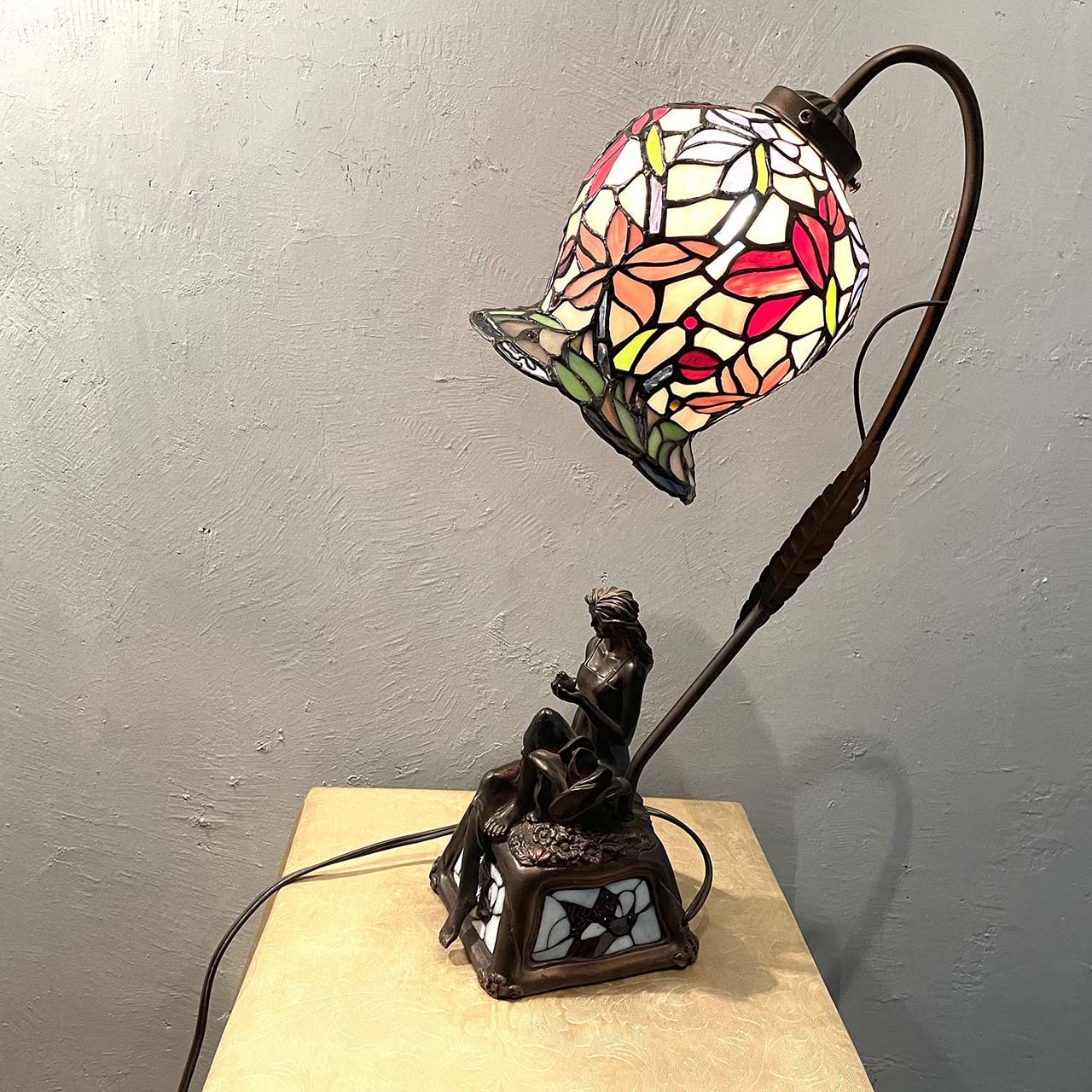 Bieye L10624 Lily Flower Tiffany Style Stained Glass Table Lamp with Girl Lamp Base for Living Room Bedside Home Decoration, 20 inches Tall