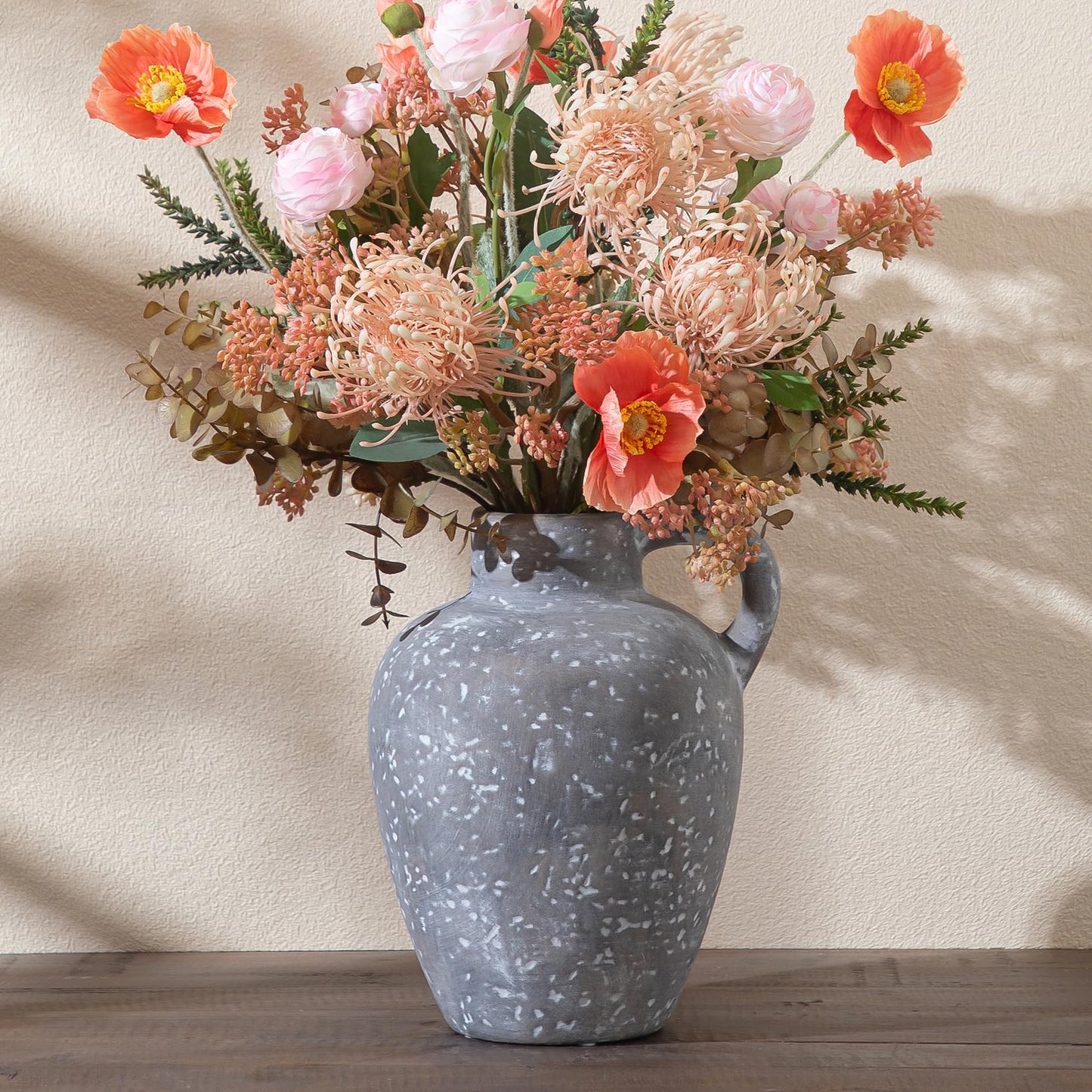 Ceramic Decorative Flower Vase with Handle, 8.85 Inch Pottery Rustic Farmhouse Vase for Home Decor, Living Room, Shelf Decor, Wedding, Housewarming Gift