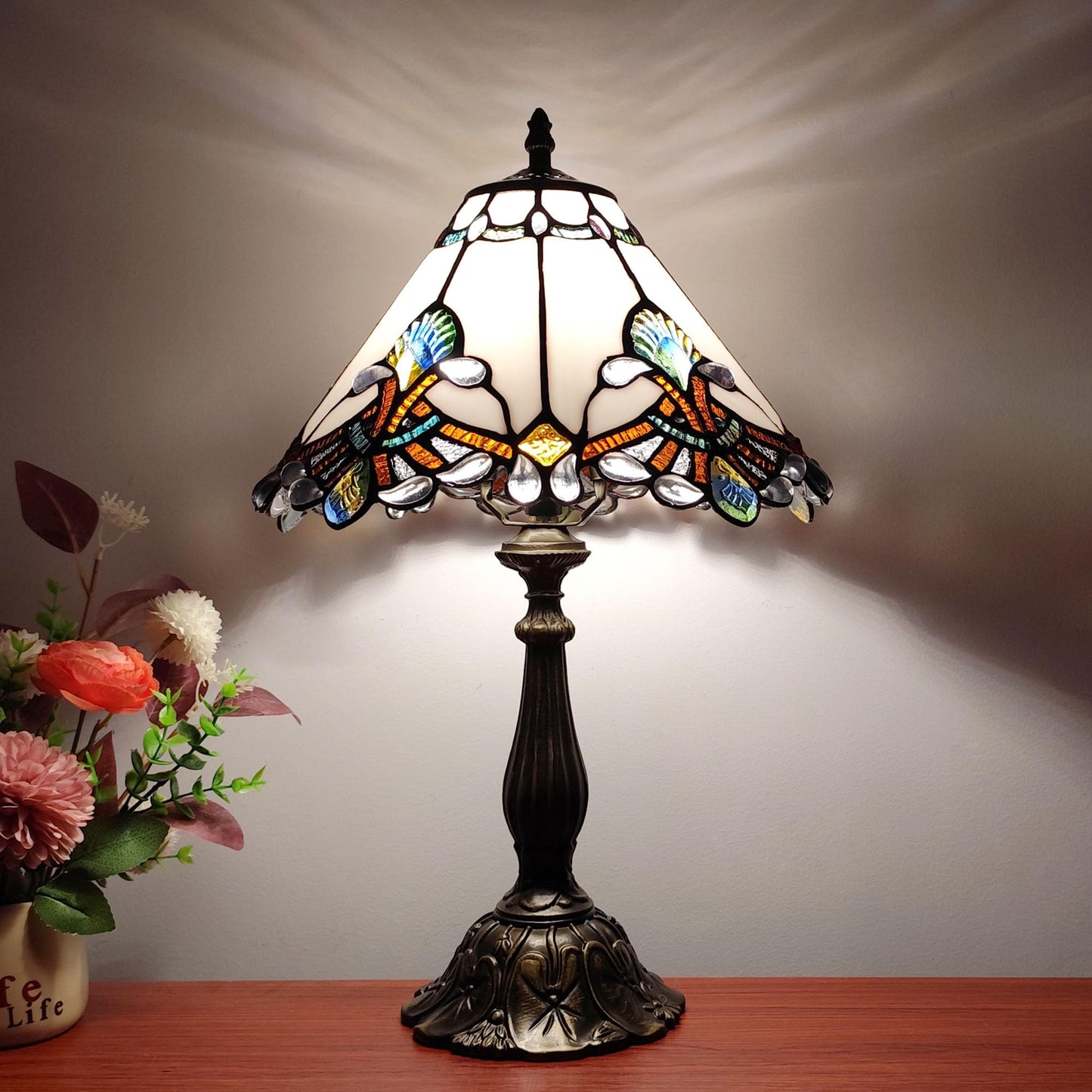 XPHMXP Tiffany Lamp White Baroque Style Stained Glass Lamp 12X12X19 inch Vintage Bedroom Table lamp 3-Way Tiffany Style Reading Desk Light for Home Living Room Office Include Light Bulb