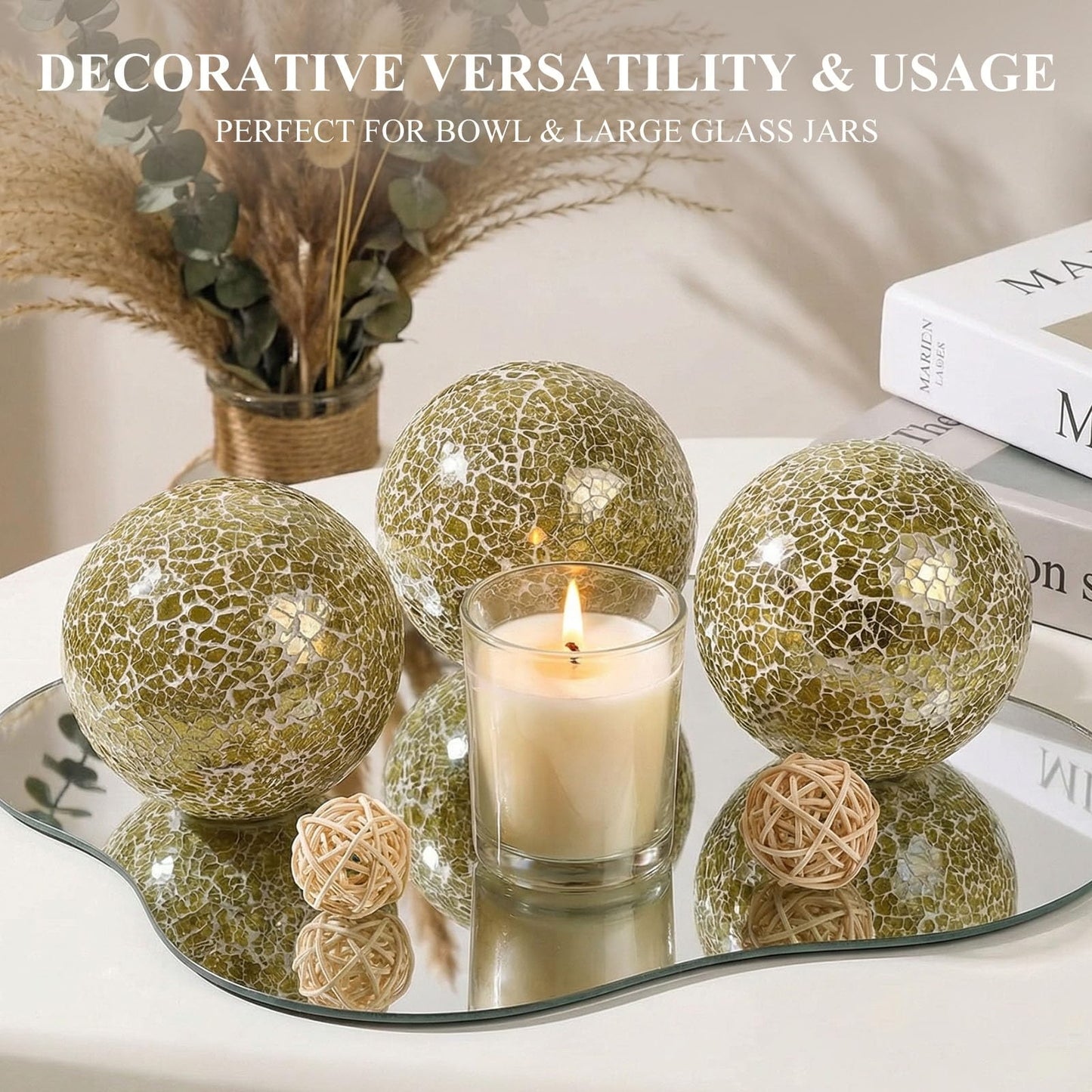 DomeStar 3PCS Decorative Balls, Mosaic Glass Orbs Centerpiece Balls 4inch Gold Orbs for Decorate Bowls Vases Tables Wedding Party