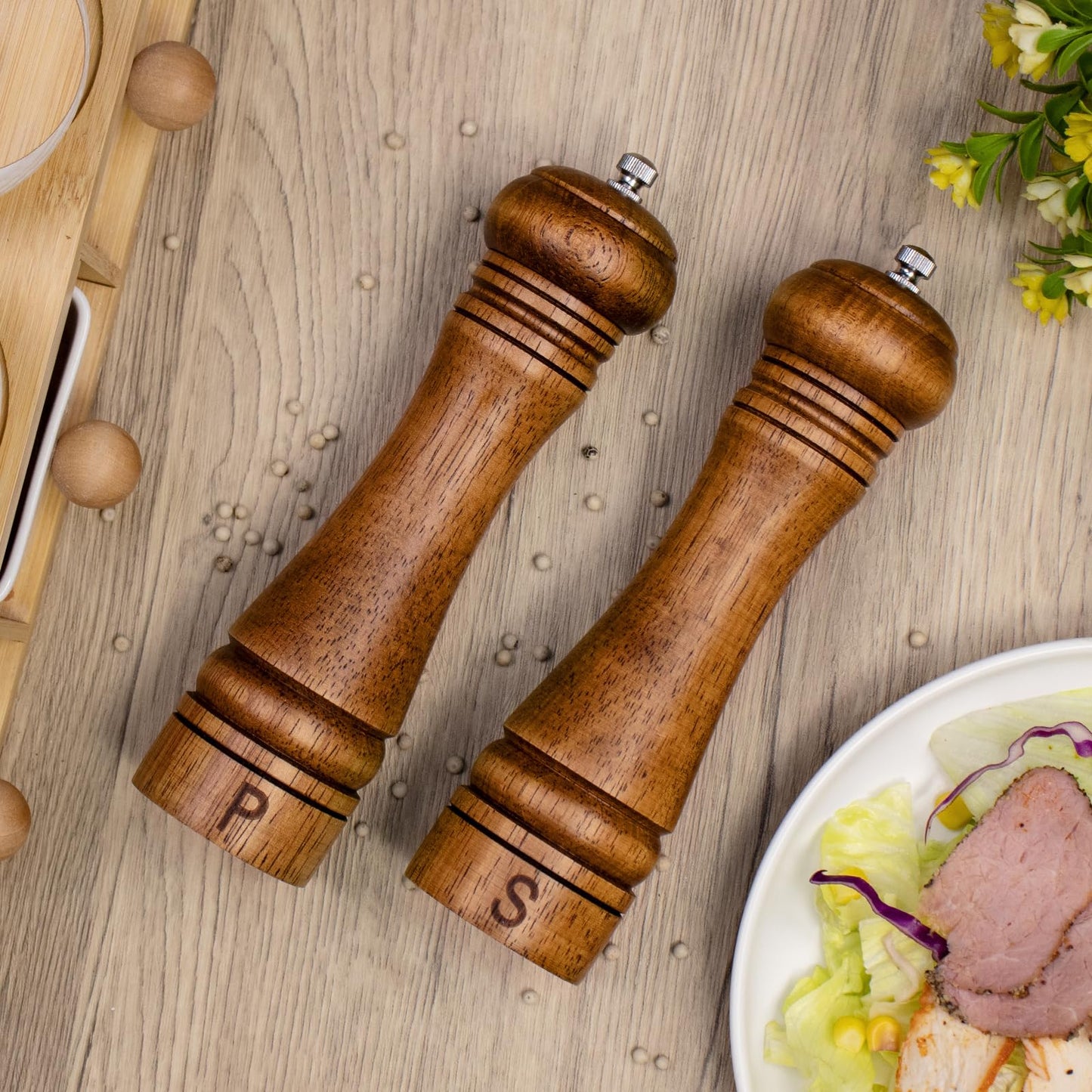 Haomacro Wooden Salt and Pepper Grinder Set Refillable Salt & Pepper Mills Adjust for Coarseness, Crafted of Solid Oak Wood with Ceramic Stainless Steel Core, 8 Inches - 2 Packs