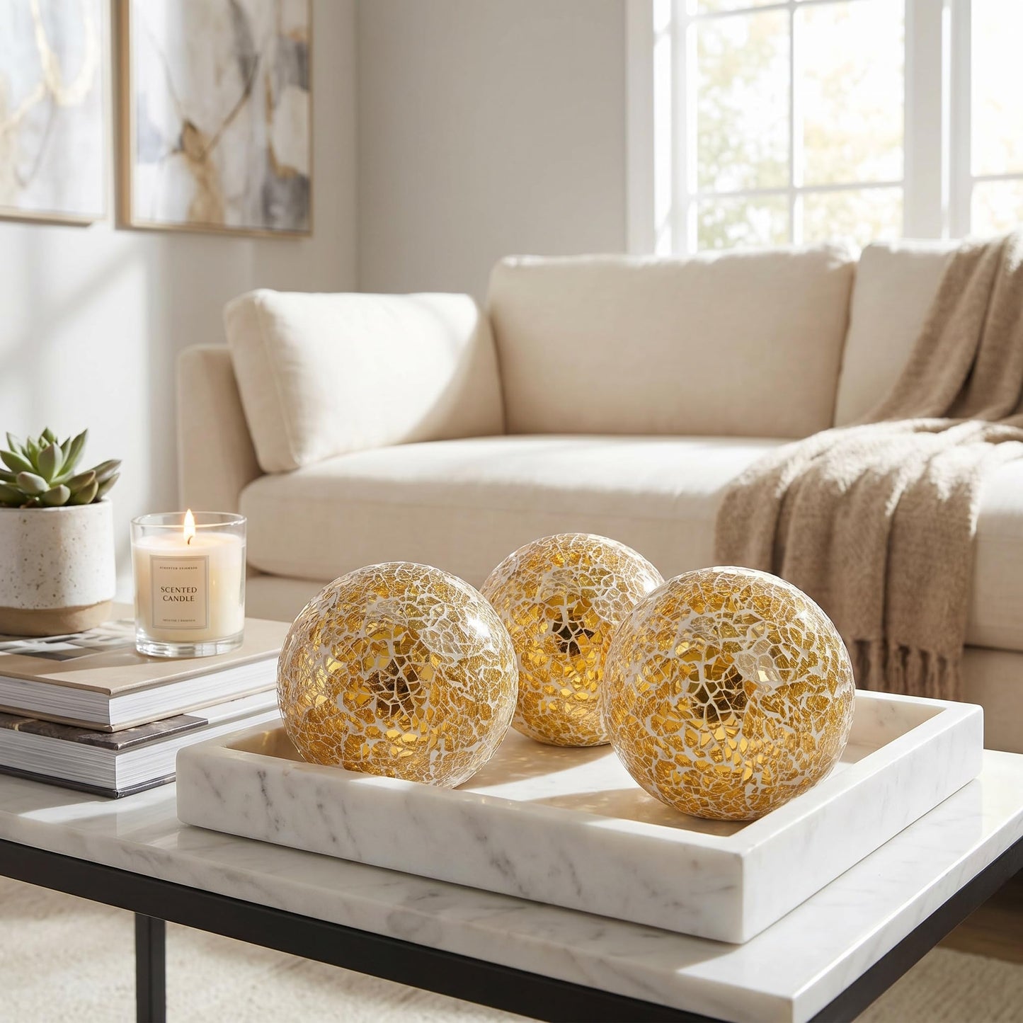 TOPZEA 3 Pack 4 Inch Gold Mosaic Glass Orbs, Decorative Balls Mosaic Spheres for Vase Fillers, Dinning & Coffee Table Centerpieces, Bowl Decor, Home & Christmas Decorations