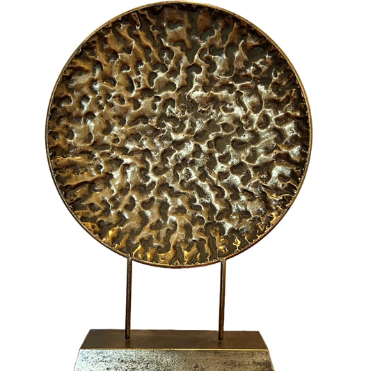 WHW Whole House Worlds Modernist Table Top Sculpture, Abstract Round, Textured Disc, Gold, Dark Patina, Post Mounted, Gallery Base, 23.5 Inches
