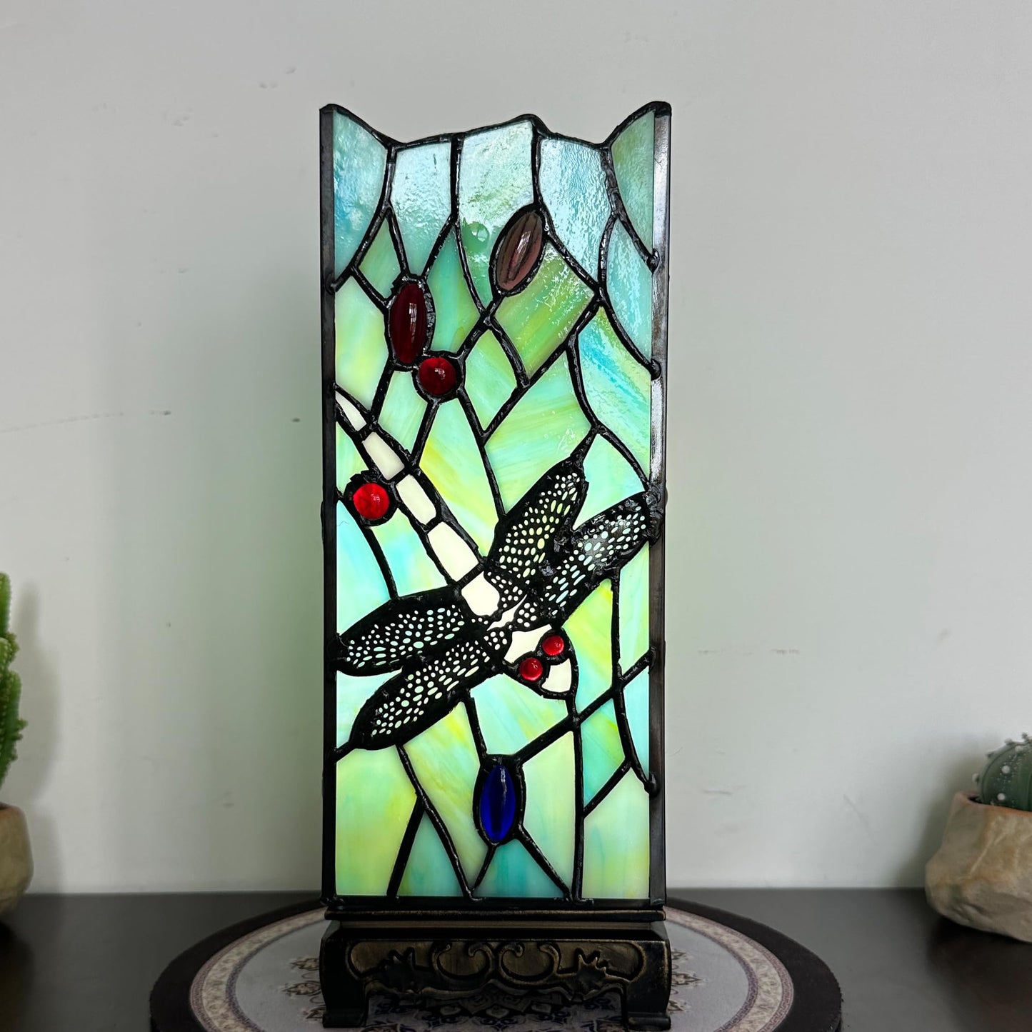 ZYLINX Small Tiffany Lamp Sea Blue Dragonfly Style Stained Glass Table lamp