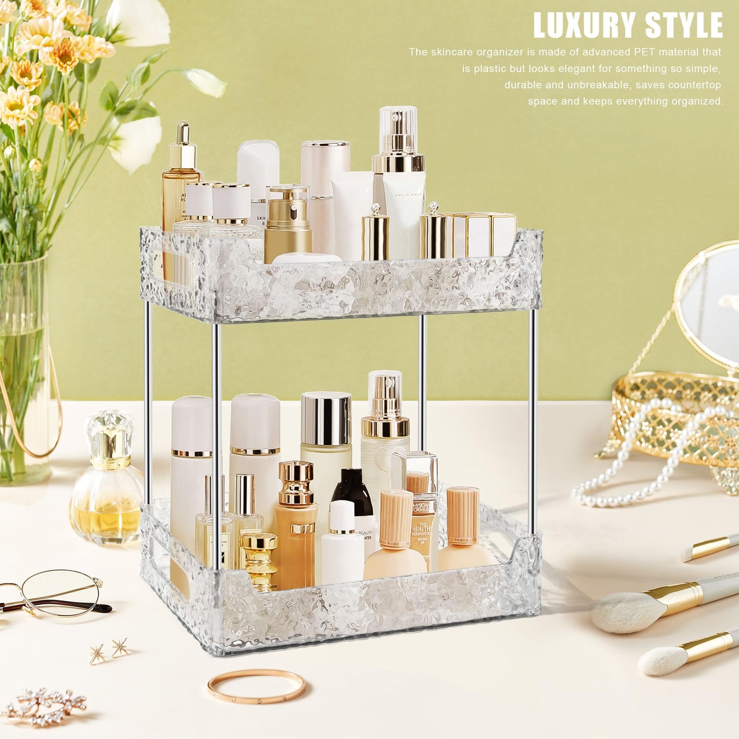 TENDER EPOCH 2-Tier Bathroom Counter Organizer Countertop Storage, Dresser Organizer Vanity Tray for Makeup, Perfume Organizer Cosmetics Skincare Shelf - Clear