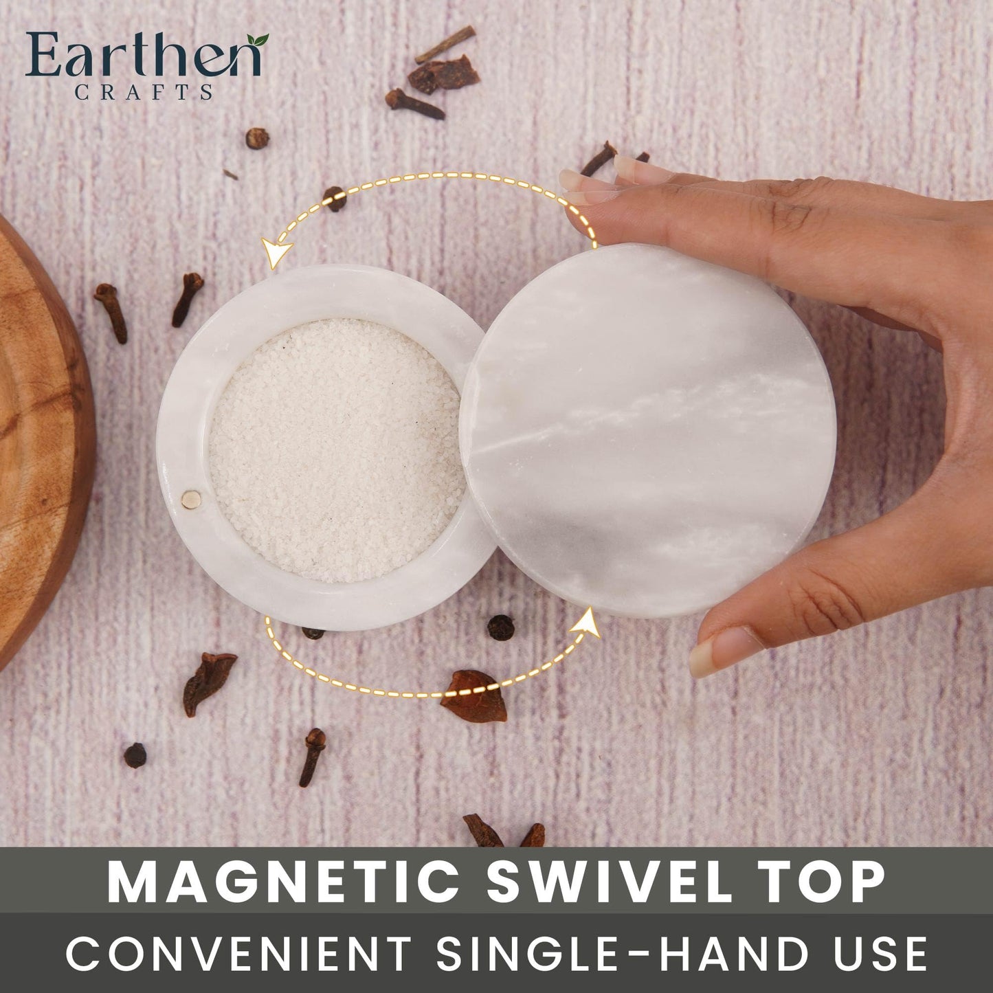 EARTHEN CRAFTS Marble Salt Cellar with Lid 3" Inch Salt Holder White Mini Salt Container with Magnetic Lock for Kitchen Counter, Salt & Spice Storage, Seasoning Jars for Table, 2.5 OZ Capacity