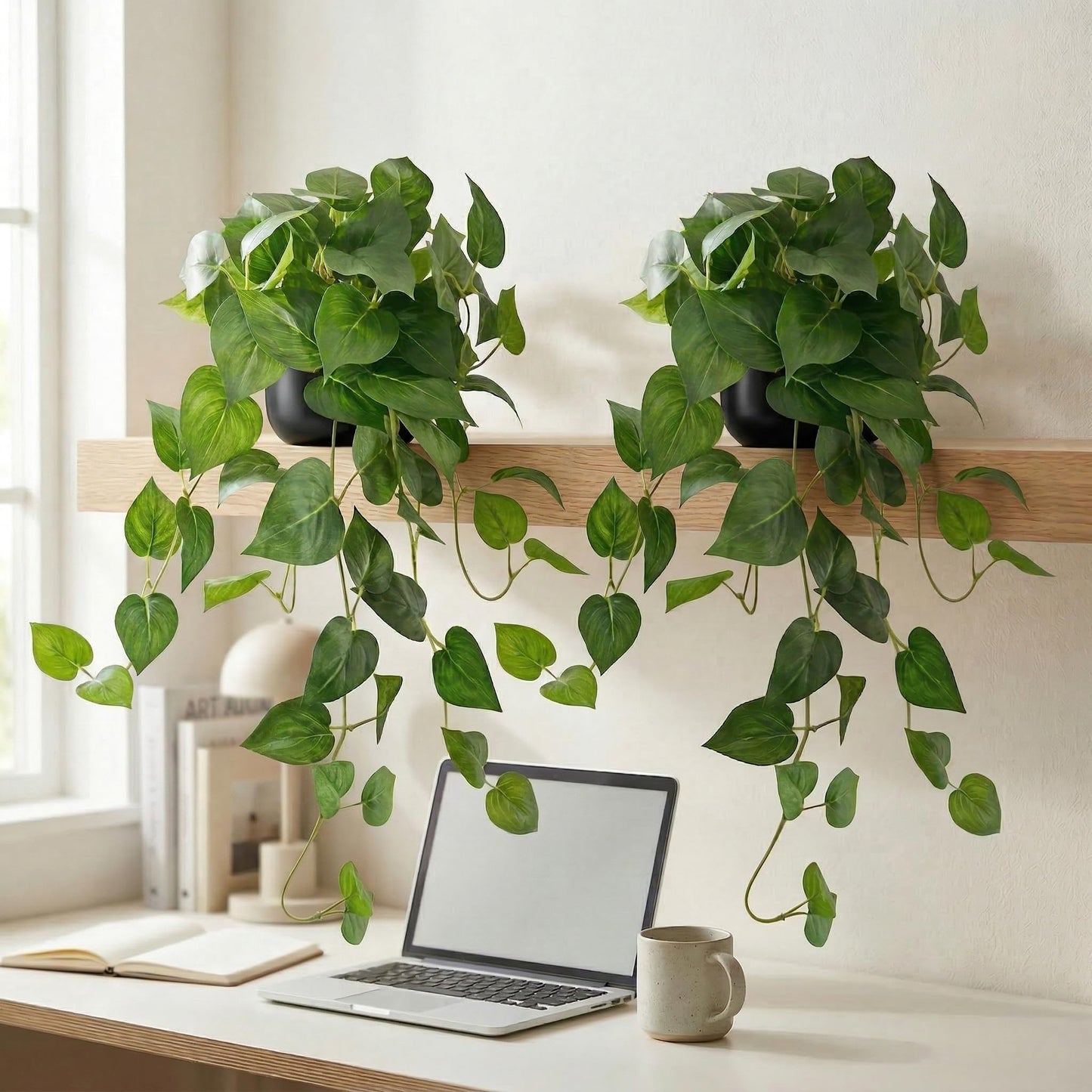 Artificial Pothos Hanging Plant, 25" Set of 2 Faux Ivy Vines with Pots