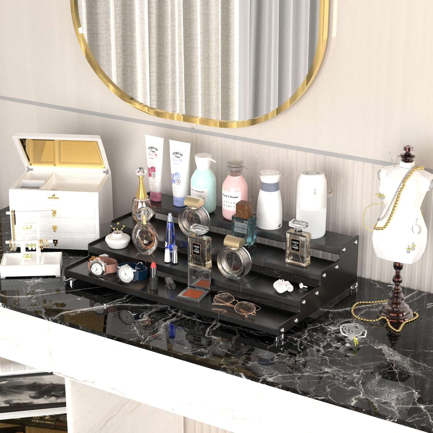 Jojocross Expandable 4-Tier Step Spice Rack Organizer for Kitchen Cabinet Modern Design and Non Skid Space Saving Storage Shelf for Countertop Cabinets Pantry(1Pack/Black)