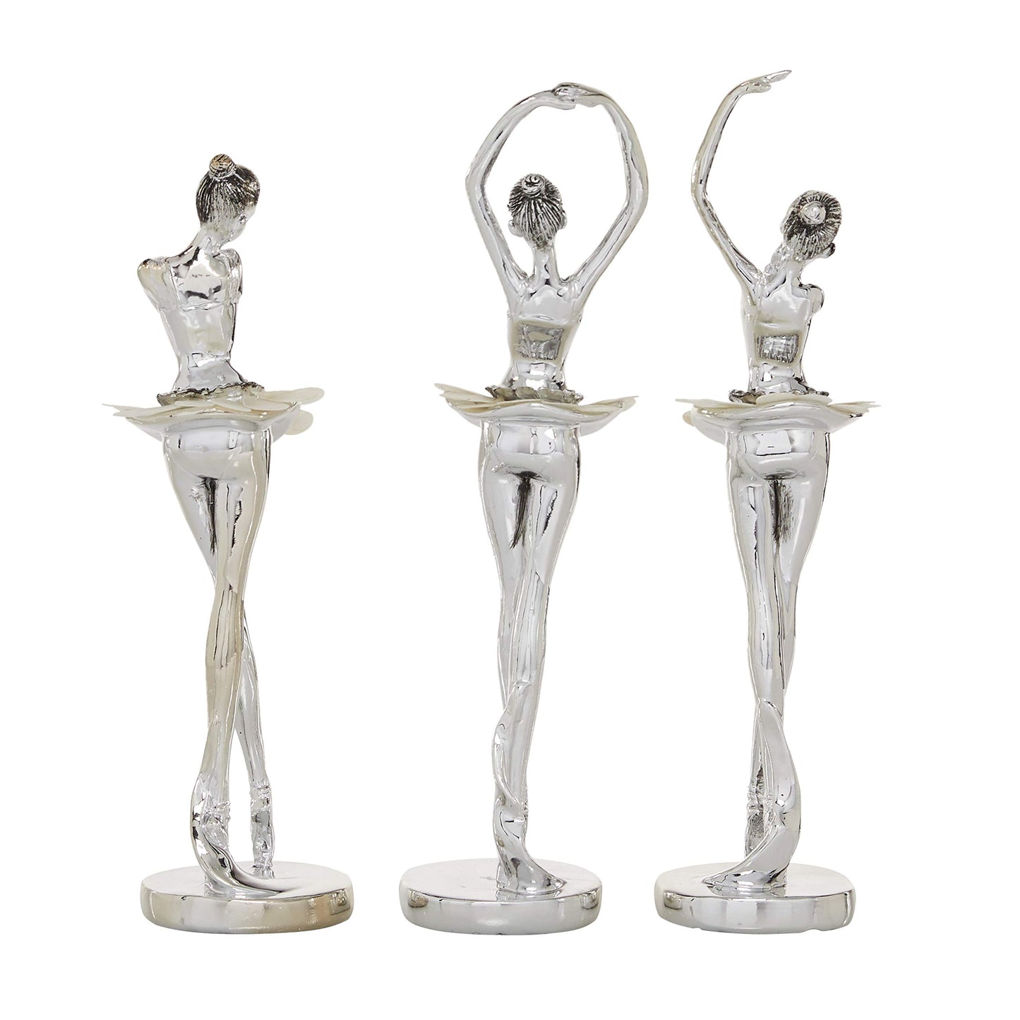 Deco 79 Polystone Dancer Decorative Sculpture Home Decor Statues with Capiz Inlay, Set of 3 Accent Figurines 12", 12", 11"H, Silver