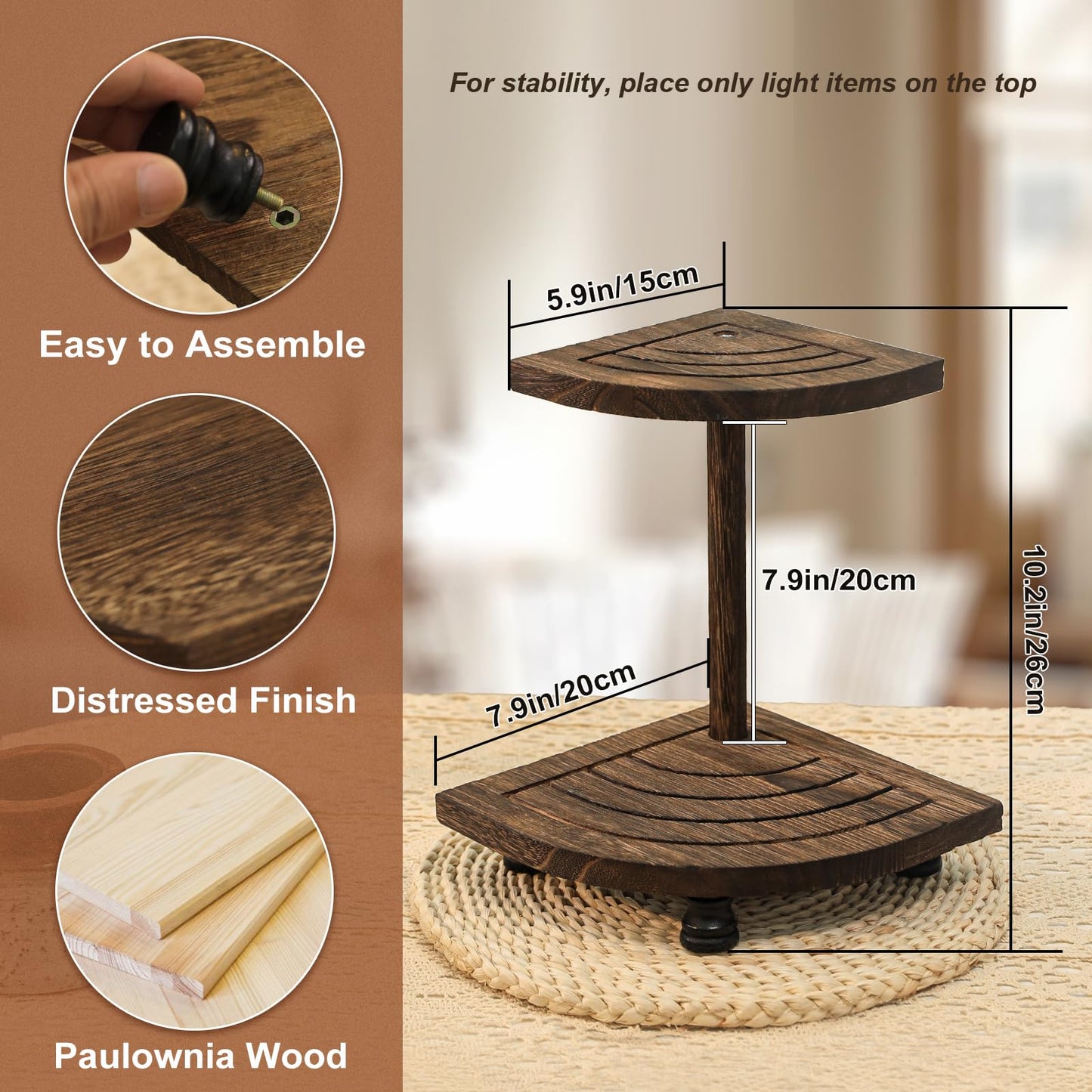 Tikea Decorative Wood Riser for Display, 2-Tier Rustic Corner Shelf for Kitchen Bathroom Counter Decor, Farmhouse Riser for Soap Dispenser and Plant (Brown)