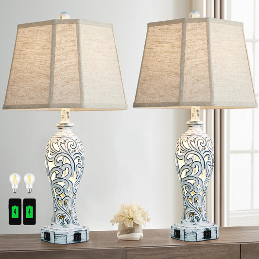 Reyokale 25'' Farmhouse Table Lamps Set of 2 for Living Room Bedroom, 2 USB Ports Rustic Vintage Nightstand Table Lamp with Nightlight, Hollow Out Resin Lamp for End Table (Bulbs Included)