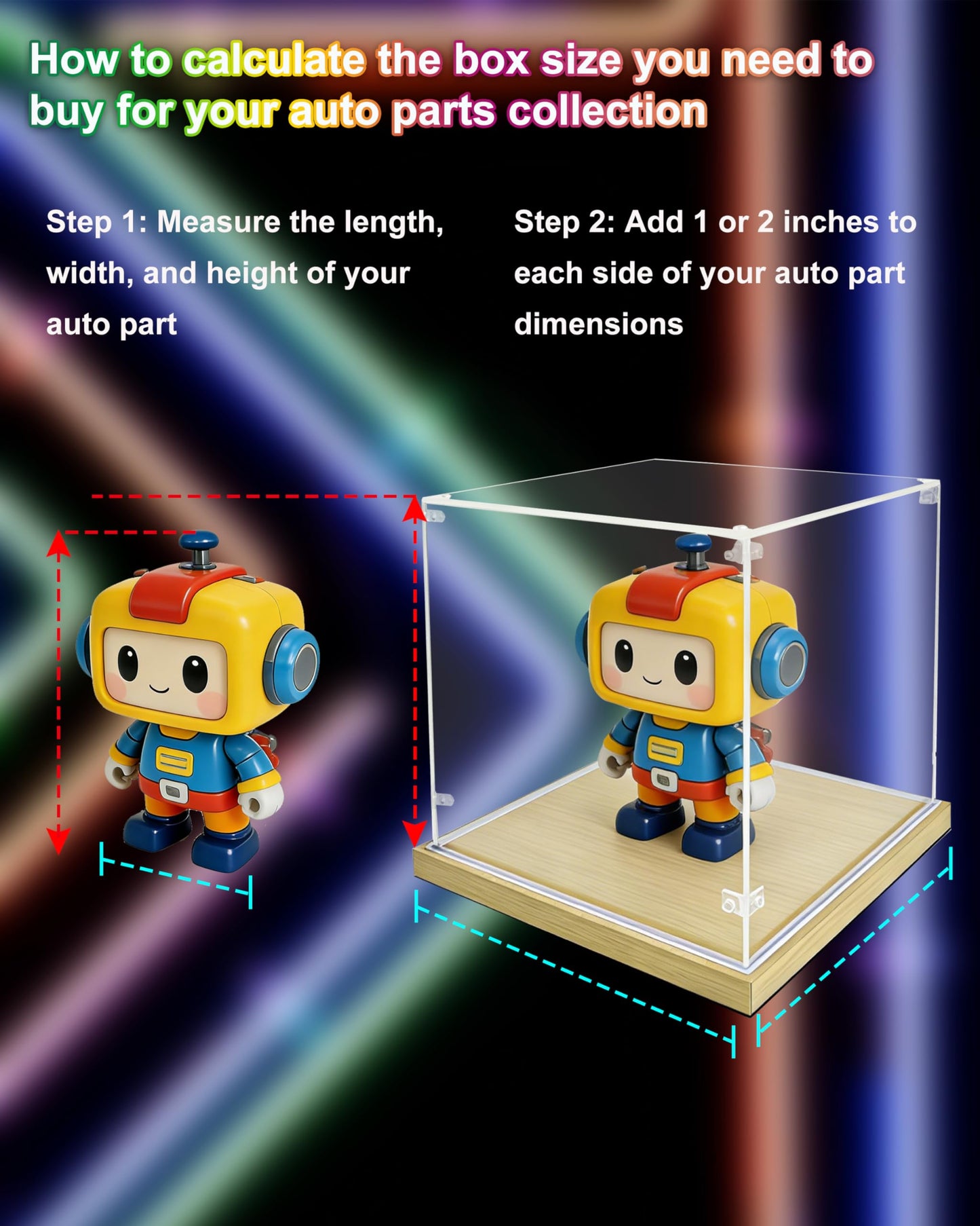 POKIAUTO Clear Acrylic Display Case with RGB Lights, Acrylic Storage Organizers Box Dustproof Showcase on Wooden Base for Toys/Figures/Collectibles, APP & Button Control, Music Sync (15.7x7.8x5.9in)