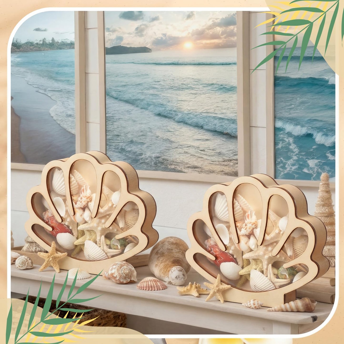 Novabright 2 Pcs Seashell Display Box Wooden Small Starfish Seashell Display Case with Acrylic Clear Window Shark Tooth Collection Box for Sea Rock Home Decor Present for Beach Lovers(Wood)