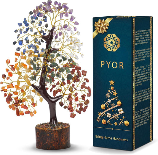 PYOR Chakra Tree, Crystals and Healing Stones, Gifts for Women, Crystal Tree, Home Office Decor, Crystals, House Warming Gifts New Home, Chakra Decor, 300 Chakra Gemstones - 10-12" Money Trees
