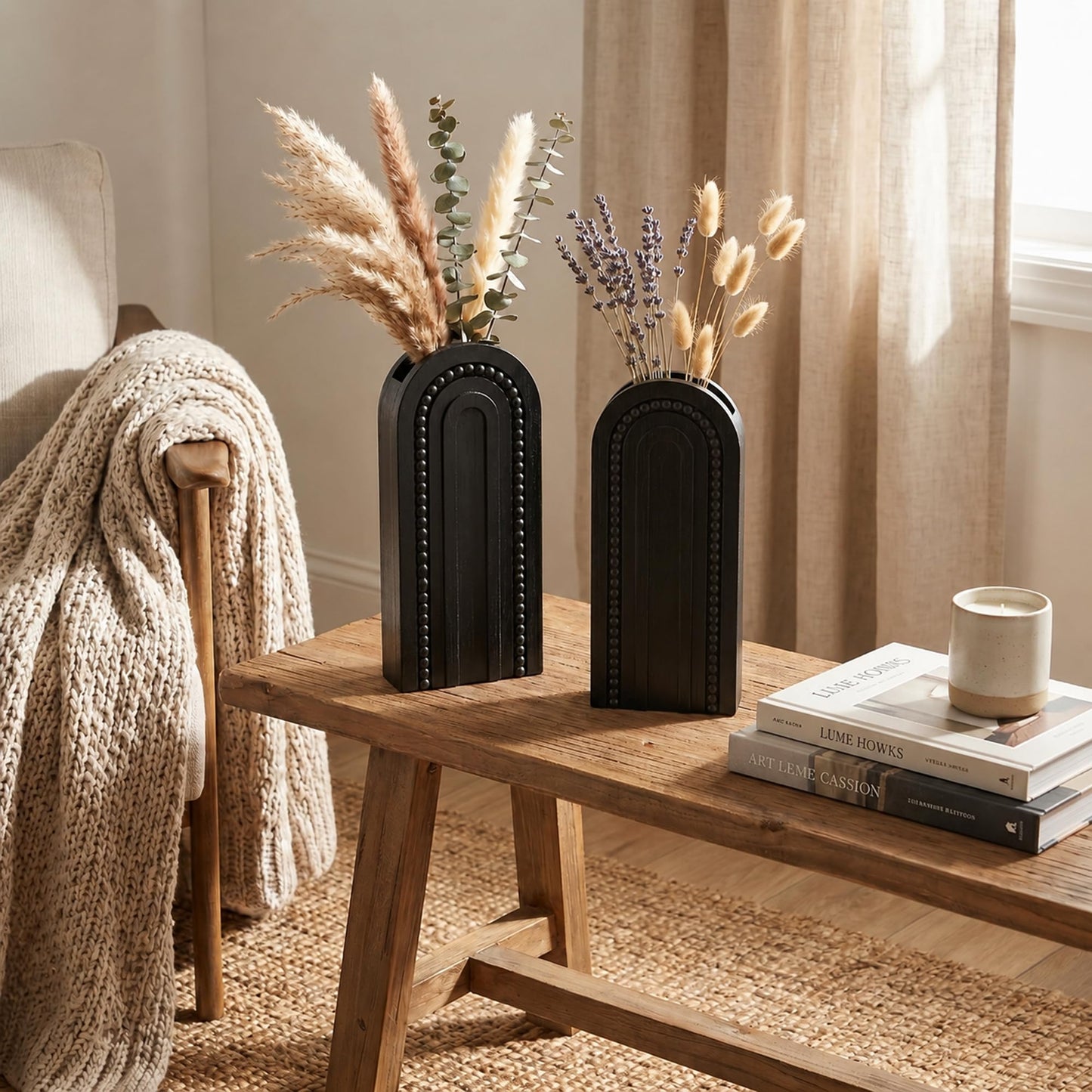 2 Pack Black Wooden Wall Vase Set, Beaded Arch Boho Hanging Wall Planters