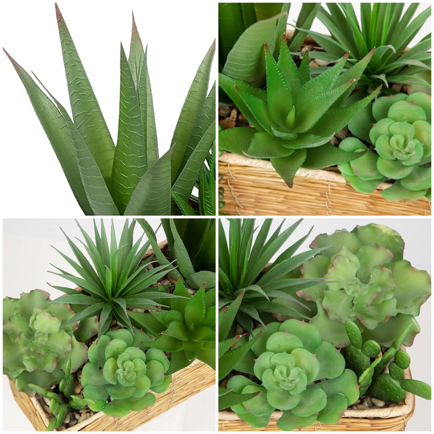 Hollyone Artificial Succulent Plant Arrangement Centerpiece Assorted Fake Agave Succulents in Rectangular Woven Basket 12" Faux Potted Succulents for Indoor Home Office Table Windowsill Shelf Decor