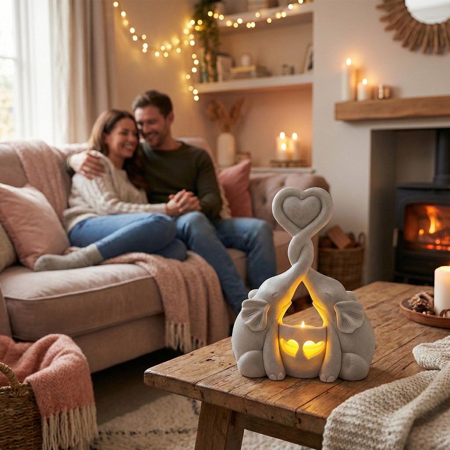 OakiWay Elephant Gifts for Women - Love Candle Holder Statue with Flickering LED for Couple - Ivory 14th Wedding for Her - Elephant Home Deco'r Valentine's Present