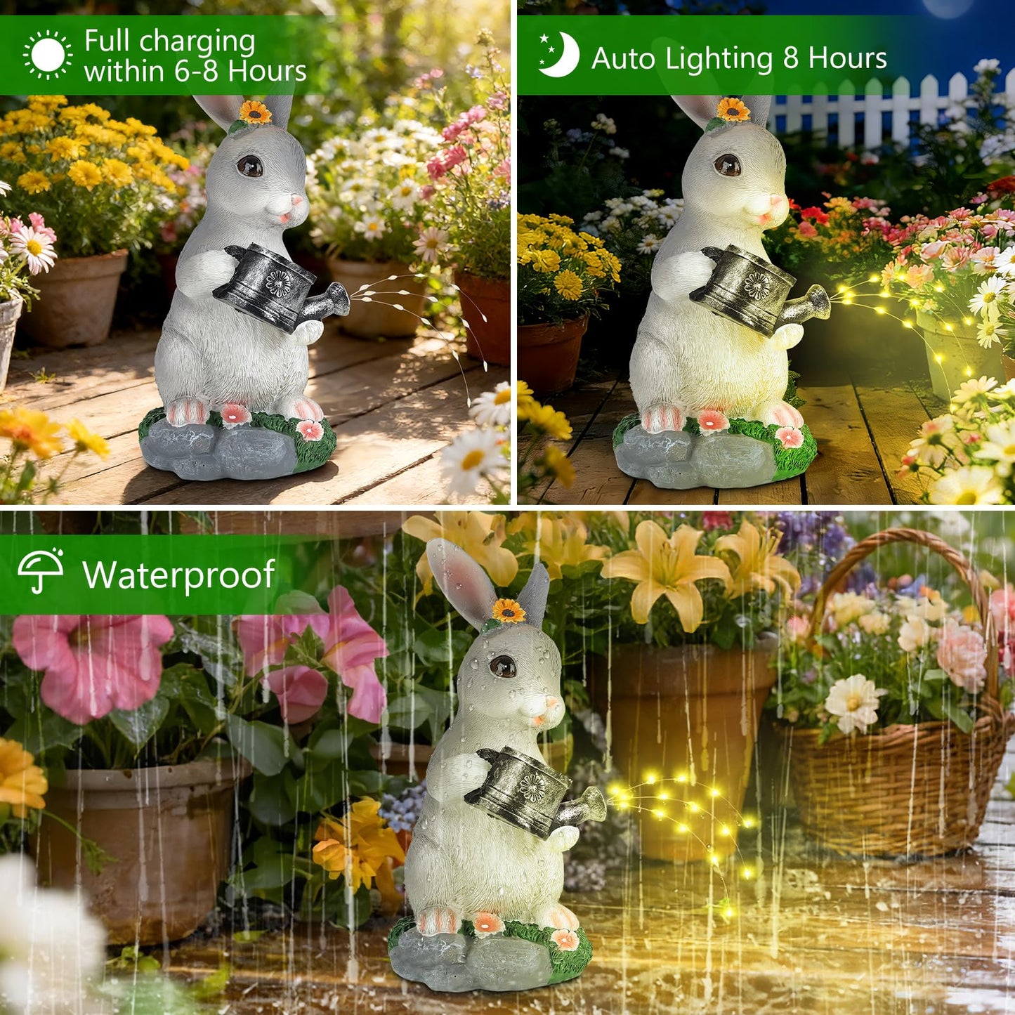 Foyucool Solar Garden Decor Watering Bunny Statues Outdoor, Outdoor Sculpture Figurine Statue Lights, Outdoor Garden Yard Lawn Patio Decoration, Unique House Warming Birthday Present for Women Family