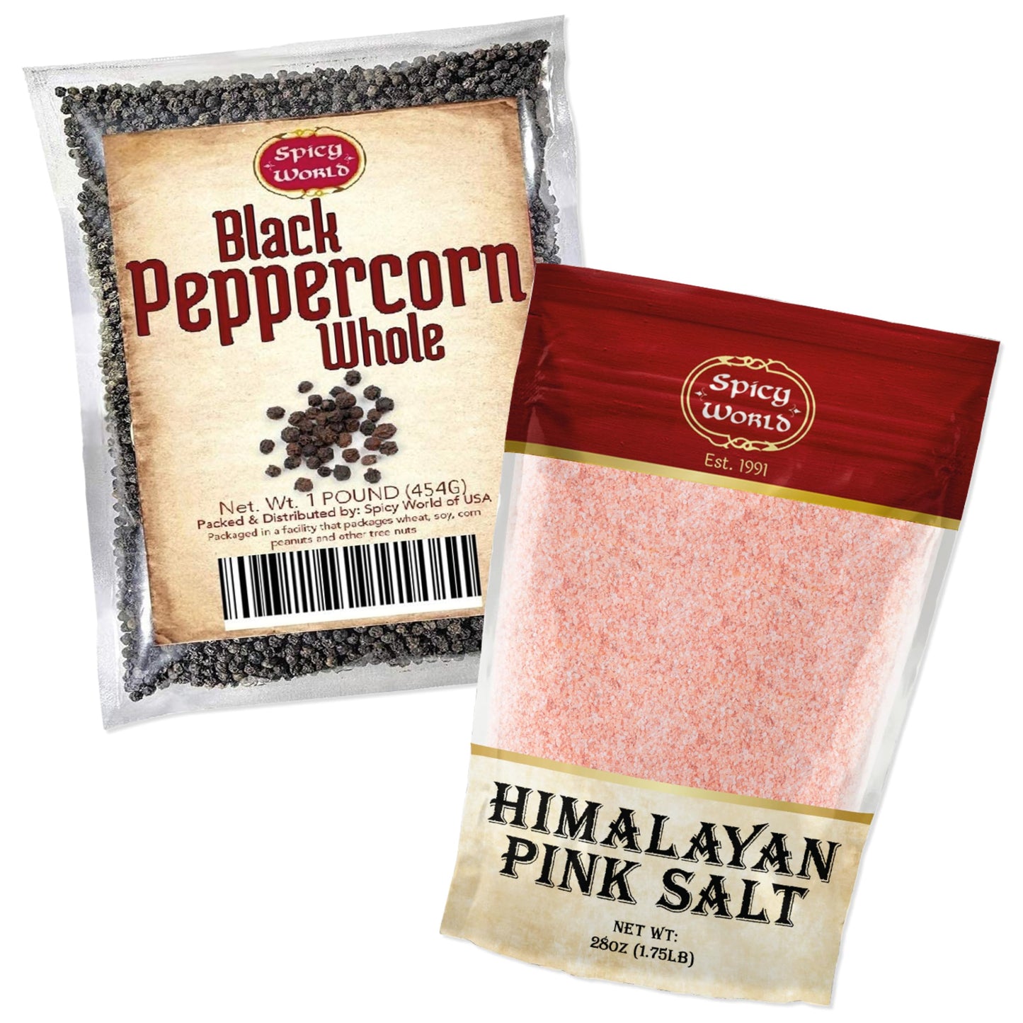 Spicy World Whole Black Peppercorns 16 Oz + Himalayan Pink Salt Fine 1.75 LB (28 Oz)
