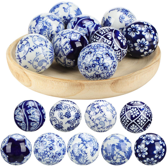 Vesici 9 Pcs Blue and White Porcelain Balls Decorative Chinoiserie Orbs for Centerpiece Bowls China Ceramic Balls Farmhouse Basket Tray Vases Decoration Gifts for Dining Table Holiday(Vintage Style)