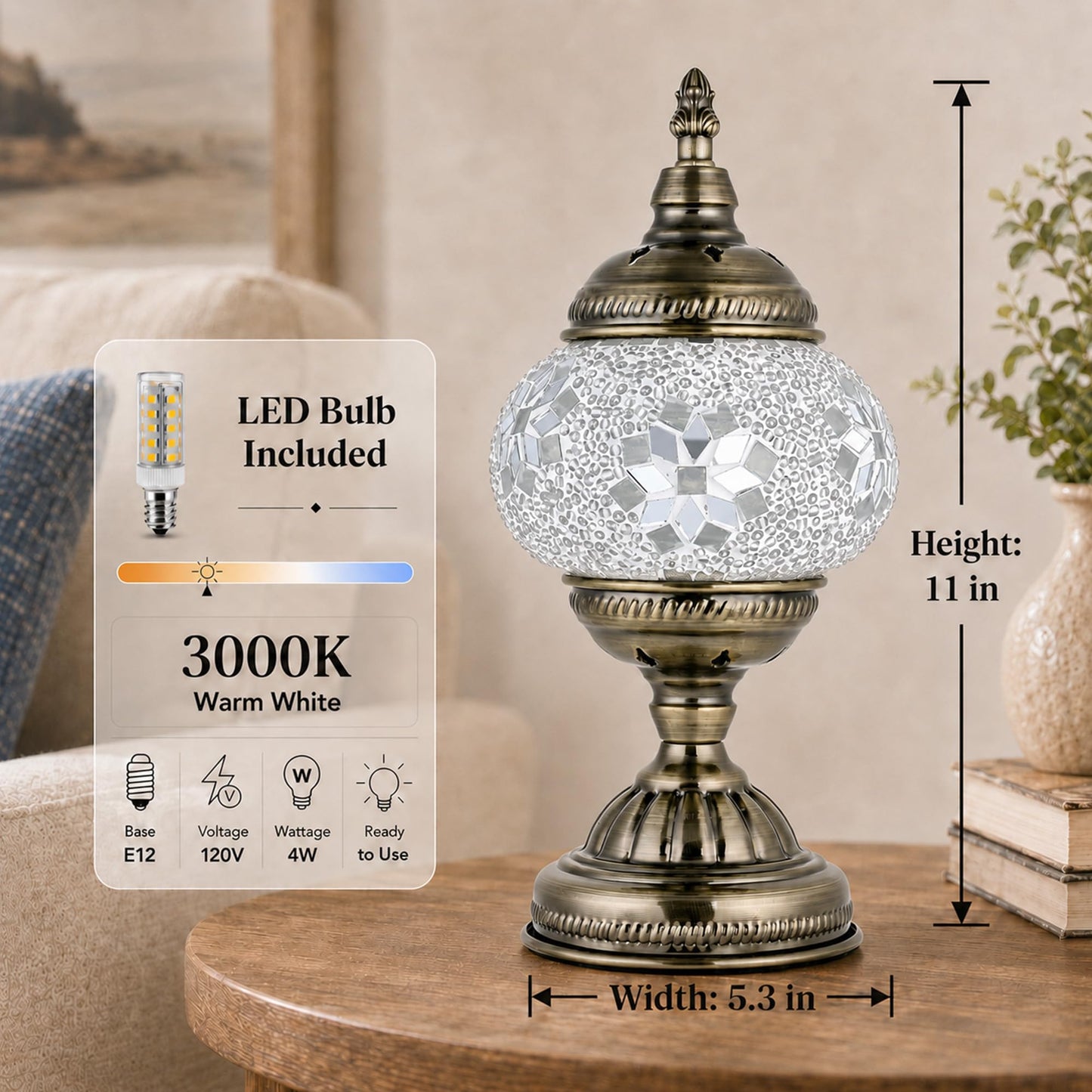 GOGERS Turkish Moroccan Table Lamp Lantern with Handmade Mosaic Glass Lampshade Tiffany Style Bohemian Stained Glass Decorative Desk Lamps Bedside Night Lights for Bedroom (White Fancy)