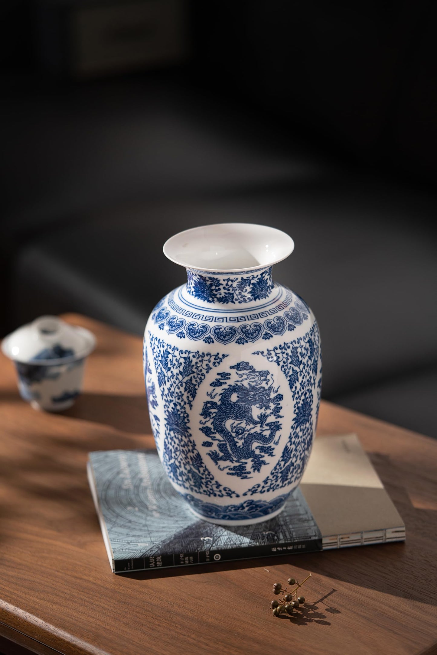 Blue and White Vase, Large Chinoiserie Vase Porcelain, Ginger Jar, Mantel Decor for Living Room & Home,11" H
