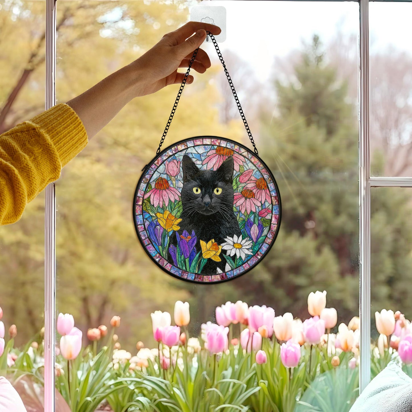 cvjutf Black Cat Suncatcher Stained Glass Window Hanging Decor Ornaments, Black Cat Owner Memorial Sun Catchers Wall Art Gifts for Women, Floral Flower Garden Lawn Stained Glass Wall Decor, 7.9x7.9In