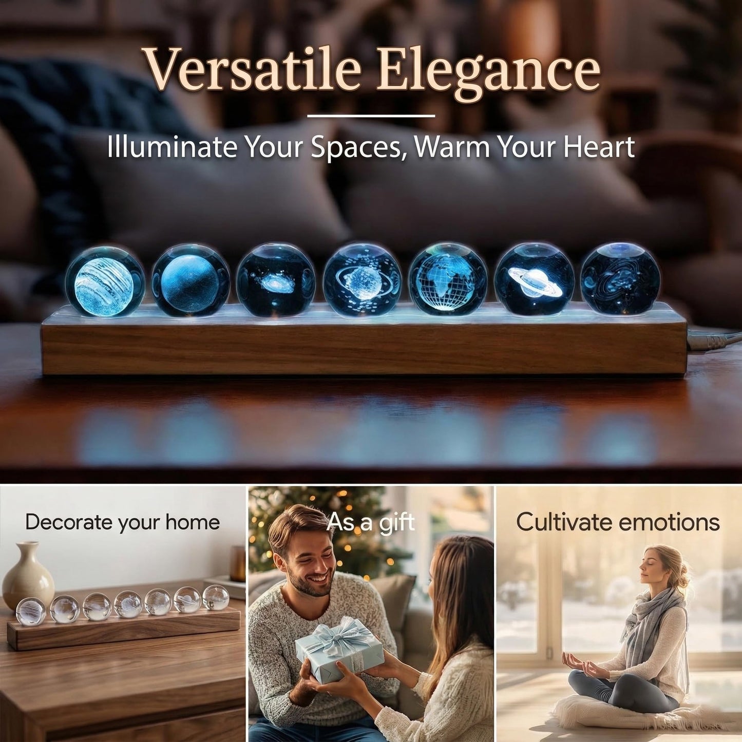 NoelWink 7 Pcs Planet Crystal Ball Night Light Lamp with LED Wooden Base, Astronomy Gifts,3D Galaxy Moon Saturn Crystal Ball Nightlight for Meditation Positive Energy Decoration Balls Set for Home