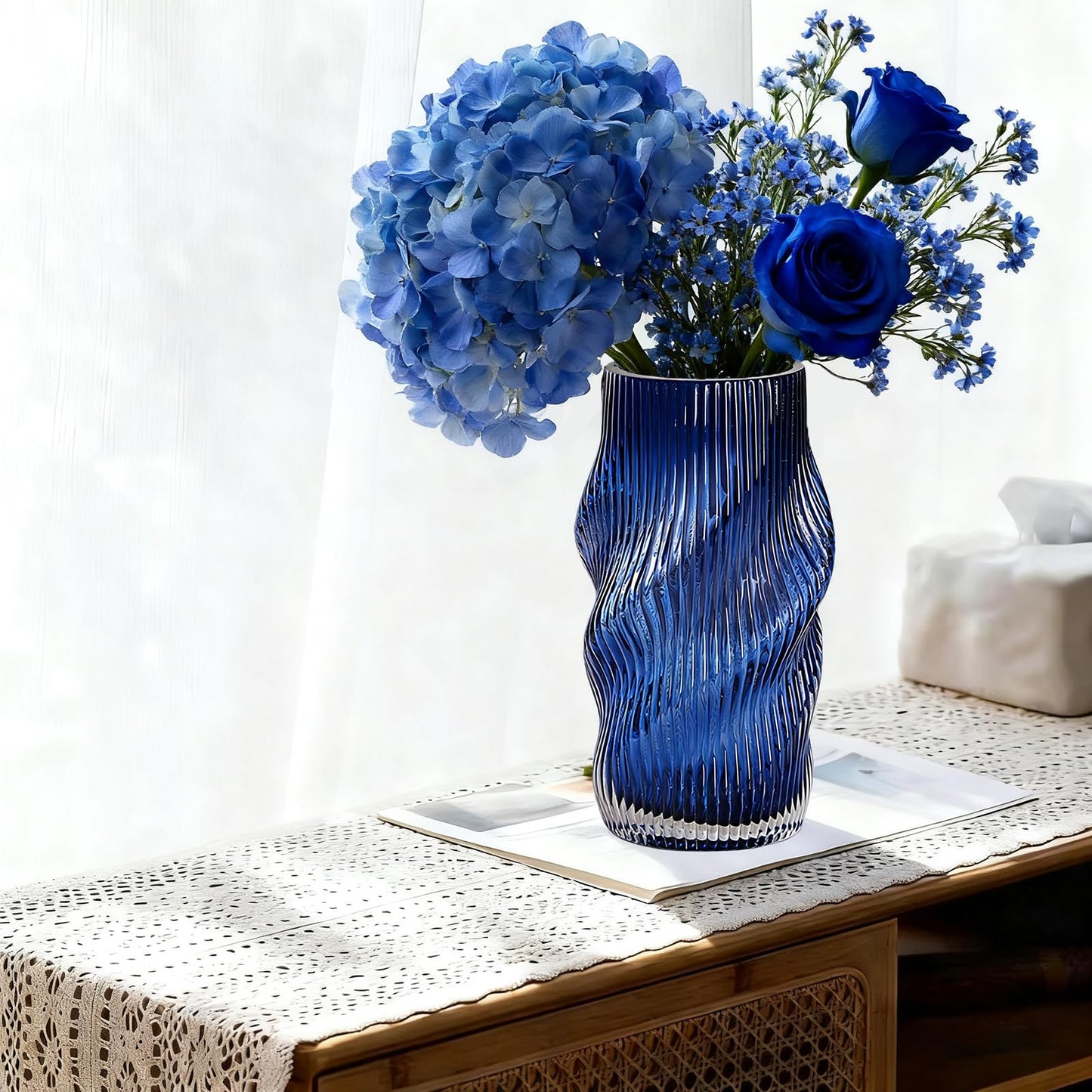 HELAIMAY Blue Ribbed Glass Flower Vase, Irregular Shaped Modern Minimalist Glass Vase, Flower Vase for Centerpieces and Home Decor, 8.6 Inches, 1 Piece
