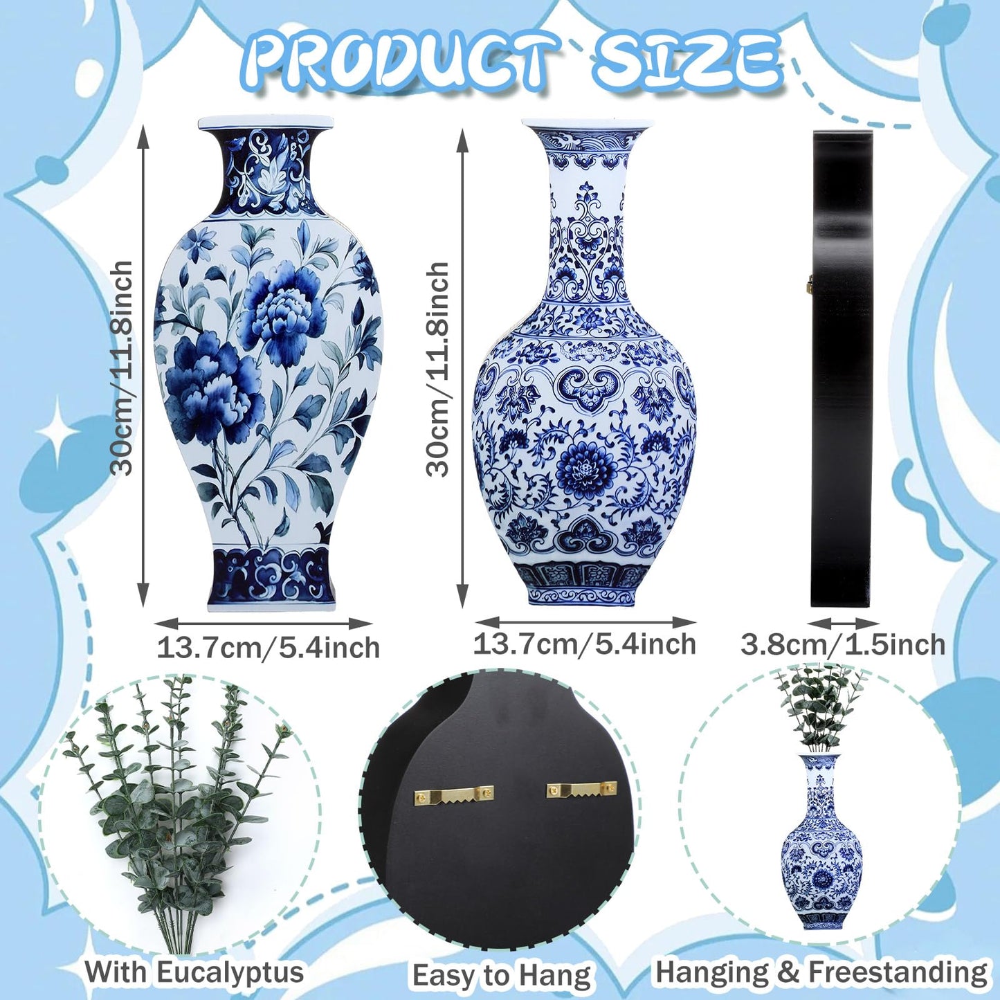 Blulu 2 Pack Wooden Wall Vase Set with Faux Eucalyptus Plants Blue and White Wooden Chinoiserie Wall Vase Modern Farmhouse Art Decor Hanging Planters for Home Office Tabletop