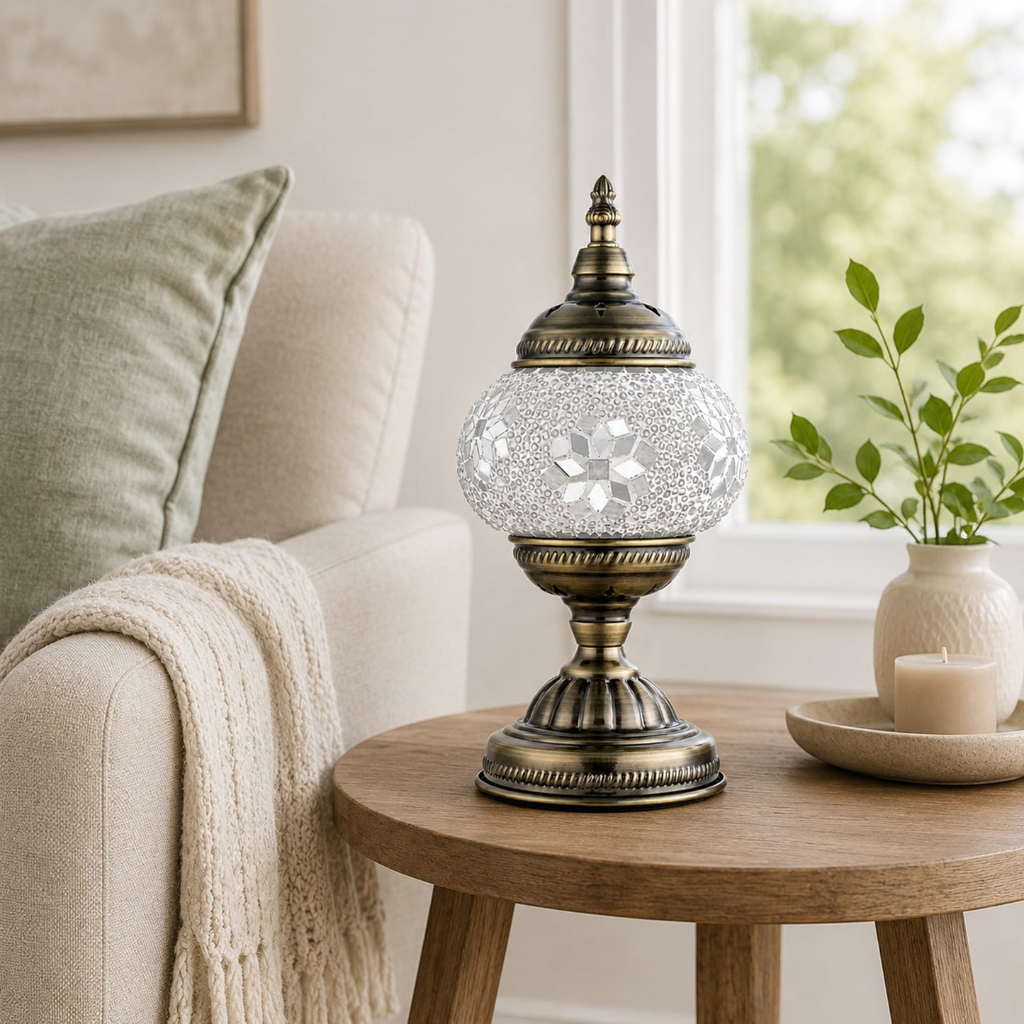 GOGERS Turkish Moroccan Table Lamp Lantern with Handmade Mosaic Glass Lampshade Tiffany Style Bohemian Stained Glass Decorative Desk Lamps Bedside Night Lights for Bedroom (White Fancy)