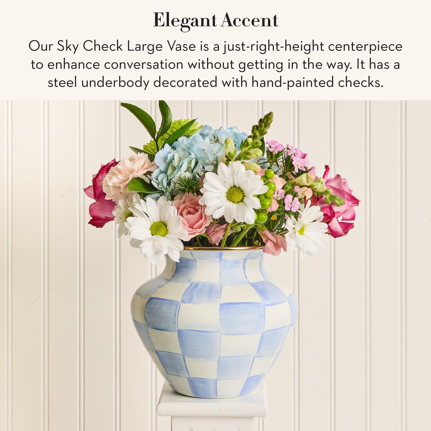 MACKENZIE-CHILDS Enamel Vase, Unique Flower-Vase Decor for Living Room, Large, Light-Blue-and-White Sky Check