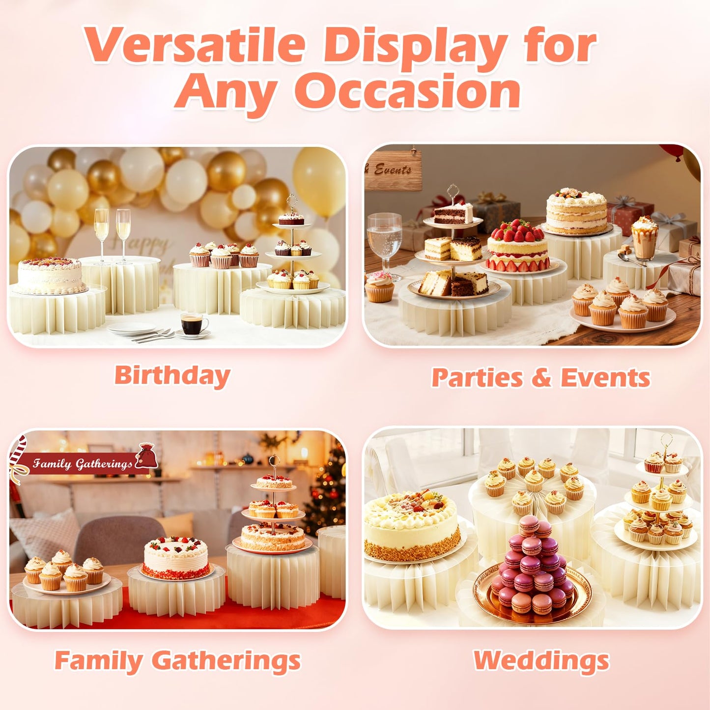 AHUAWA 4Pcs Buffet Risers, Foldable Food Risers for Buffet Table, 12" Reusable Cardboard Display Risers Cylinder Stands with Acrylic Plates for Party, Wedding, Catering & Birthday Decor