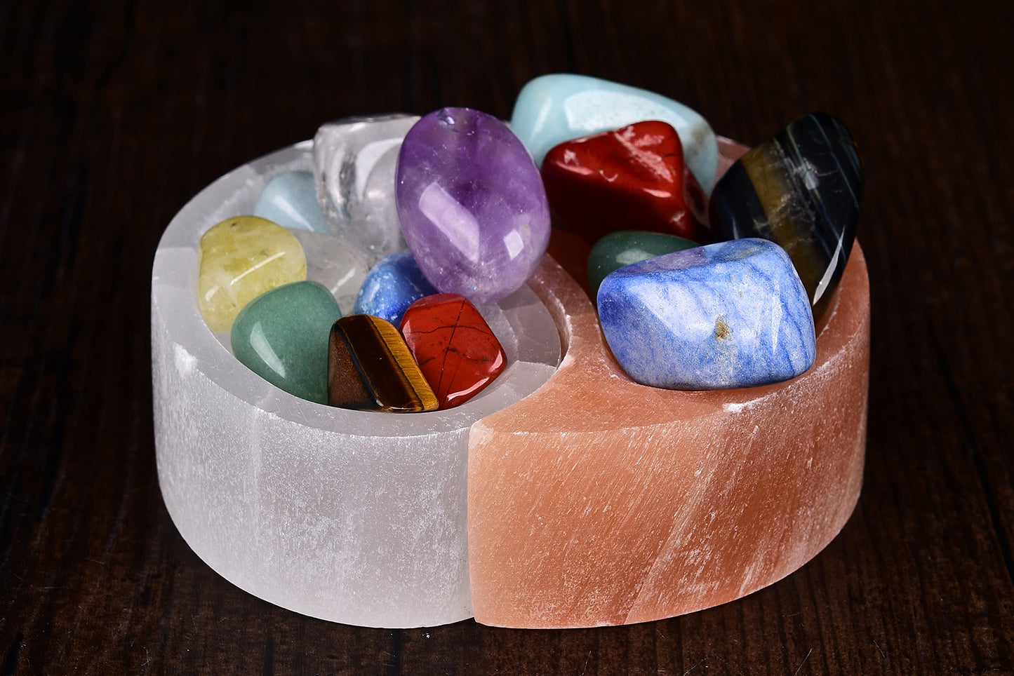 AMOYSTONE Selenite Yin-Yang Bowl 4" - Fish Shaped White & Orange Selenite Natural Crystals Jewelry Dish for Cleanse Energy Home Decor