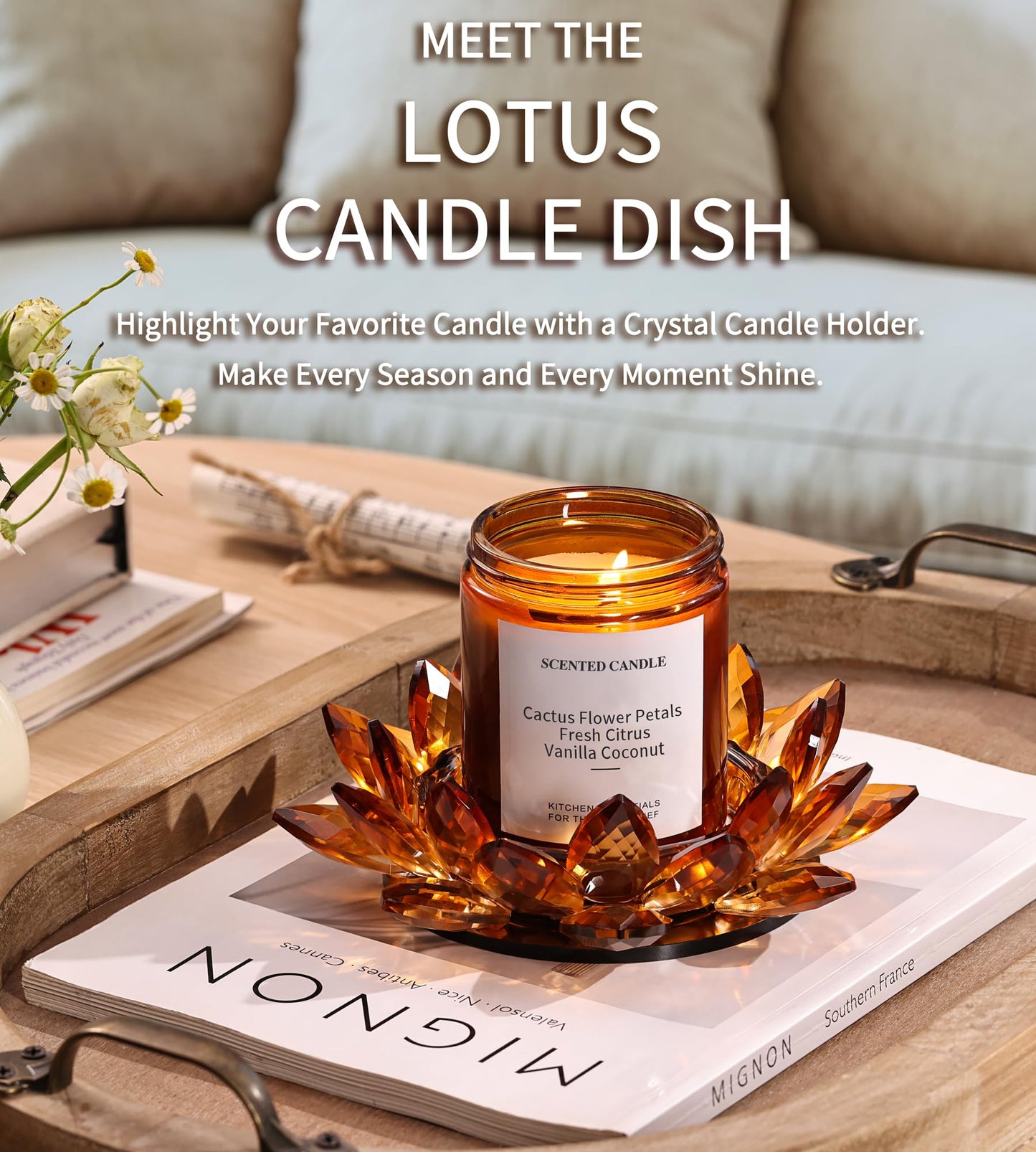 Crystal Lotus Candle Dish – Amber Decorative Tray for Candles & Diffusers